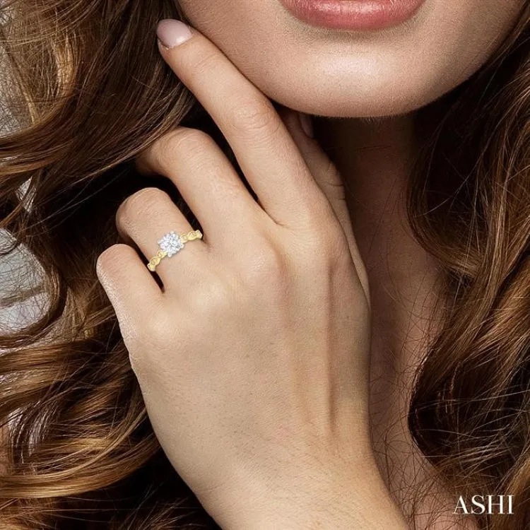 1/10 ctw Round Cut Diamond Circular Shape Marquise Motif Carved Round Shape Semi-Mount Engagement Ring in 14K Yellow and White Gold
