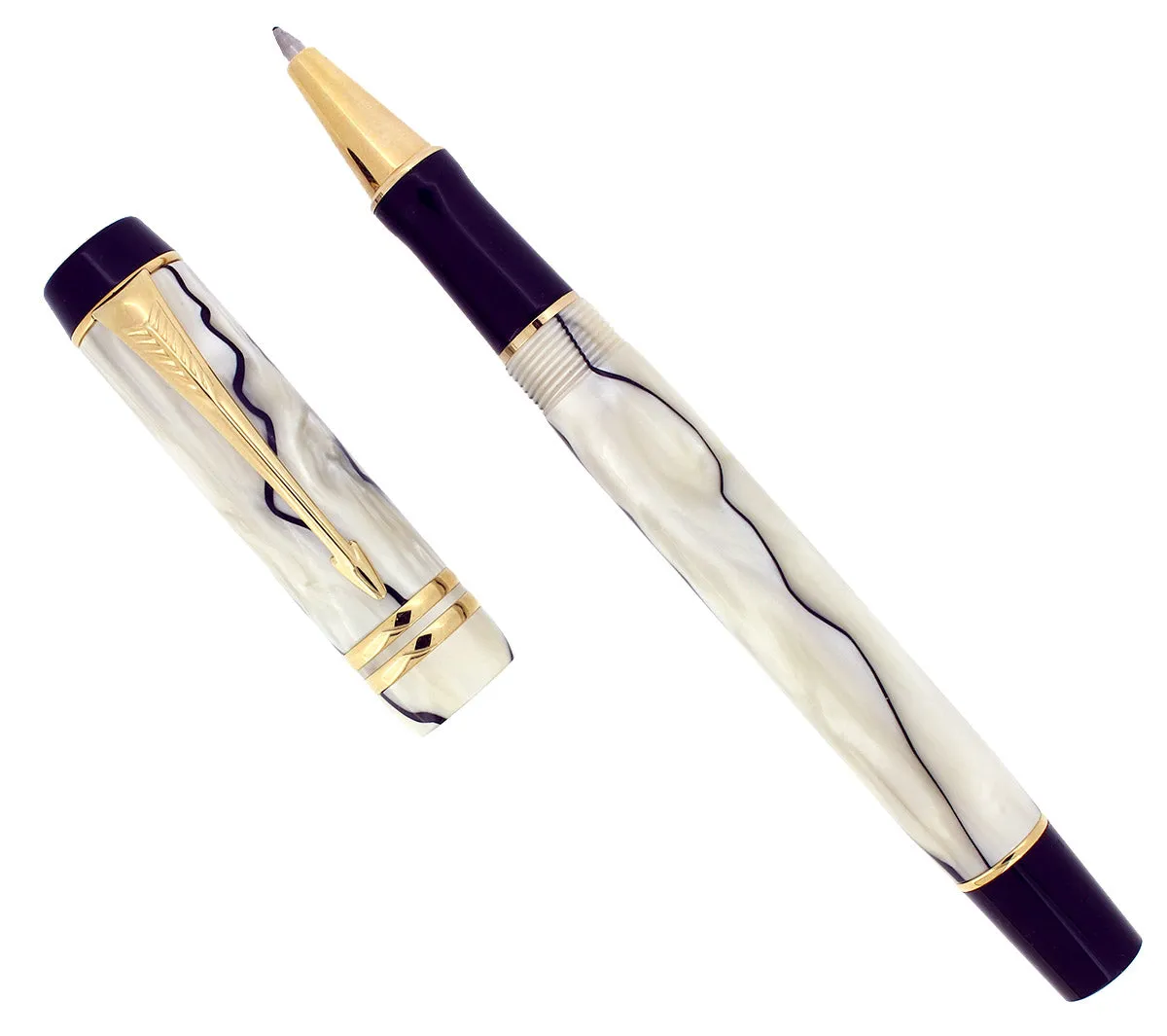 1991 PARKER DUOFOLD BLACK & PEARL ROLLERBALL PEN MADE IN FRANCE