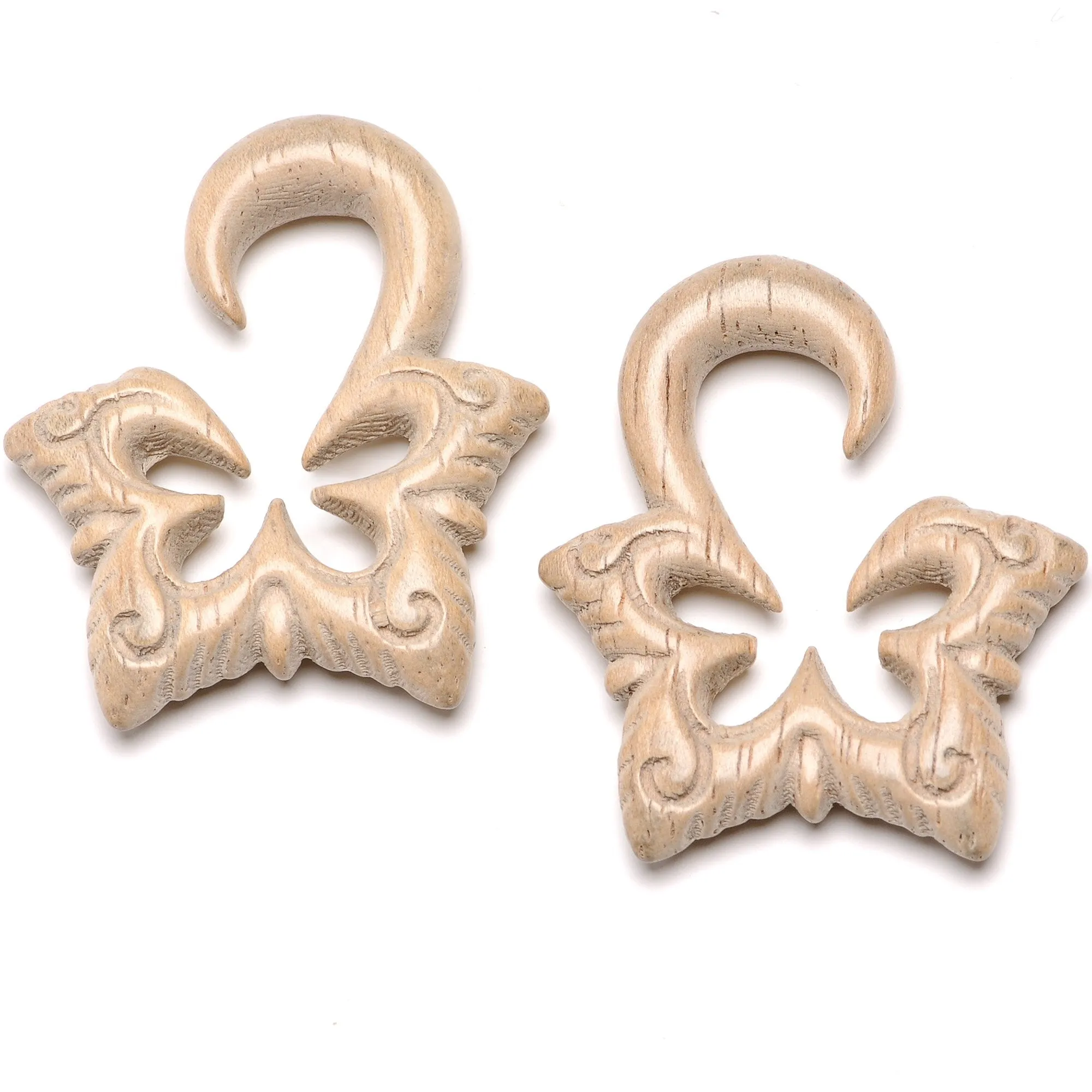 2 Gauge Organic Hand Carved Wood Lotus Flower Butterfly Hanger Plug Set