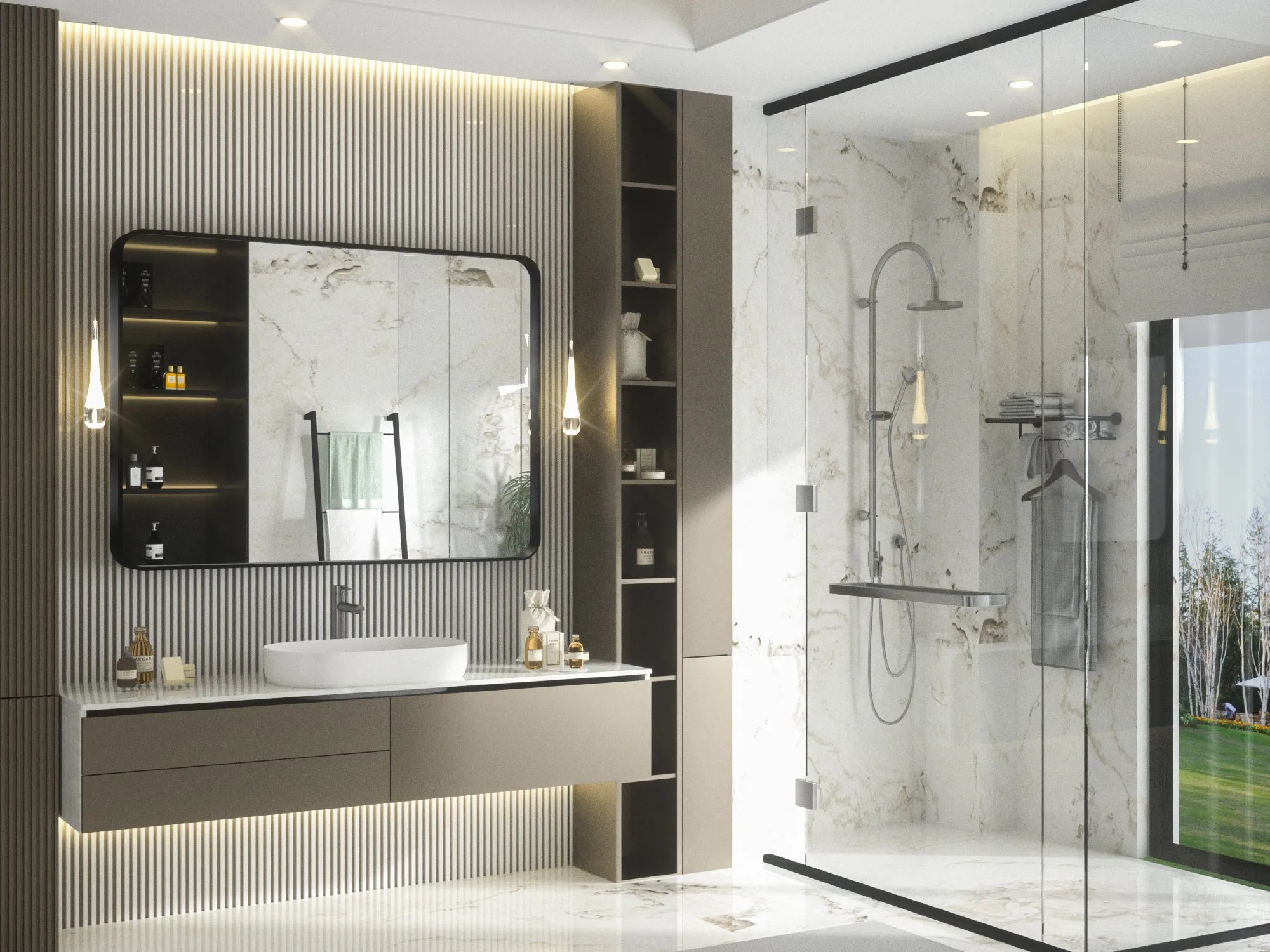 48" x 36" PILOCOS Classy Modern Rectangular Bathroom Vanity Mirror with Aluminum  Ribbed Texture Frame