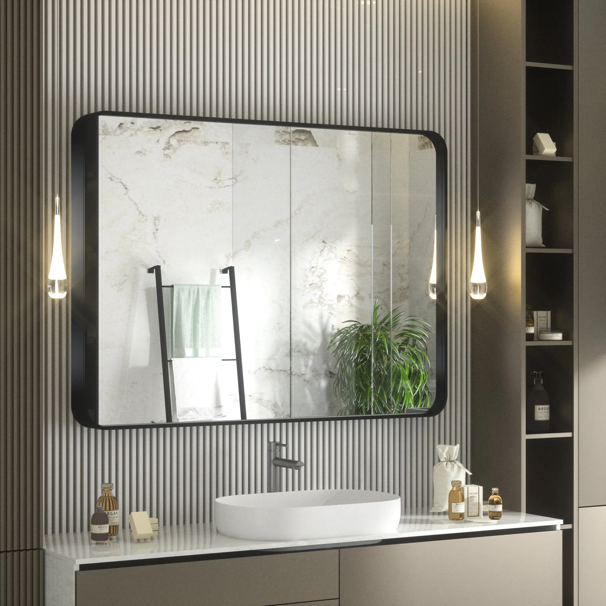 48" x 36" PILOCOS Classy Modern Rectangular Bathroom Vanity Mirror with Aluminum  Ribbed Texture Frame