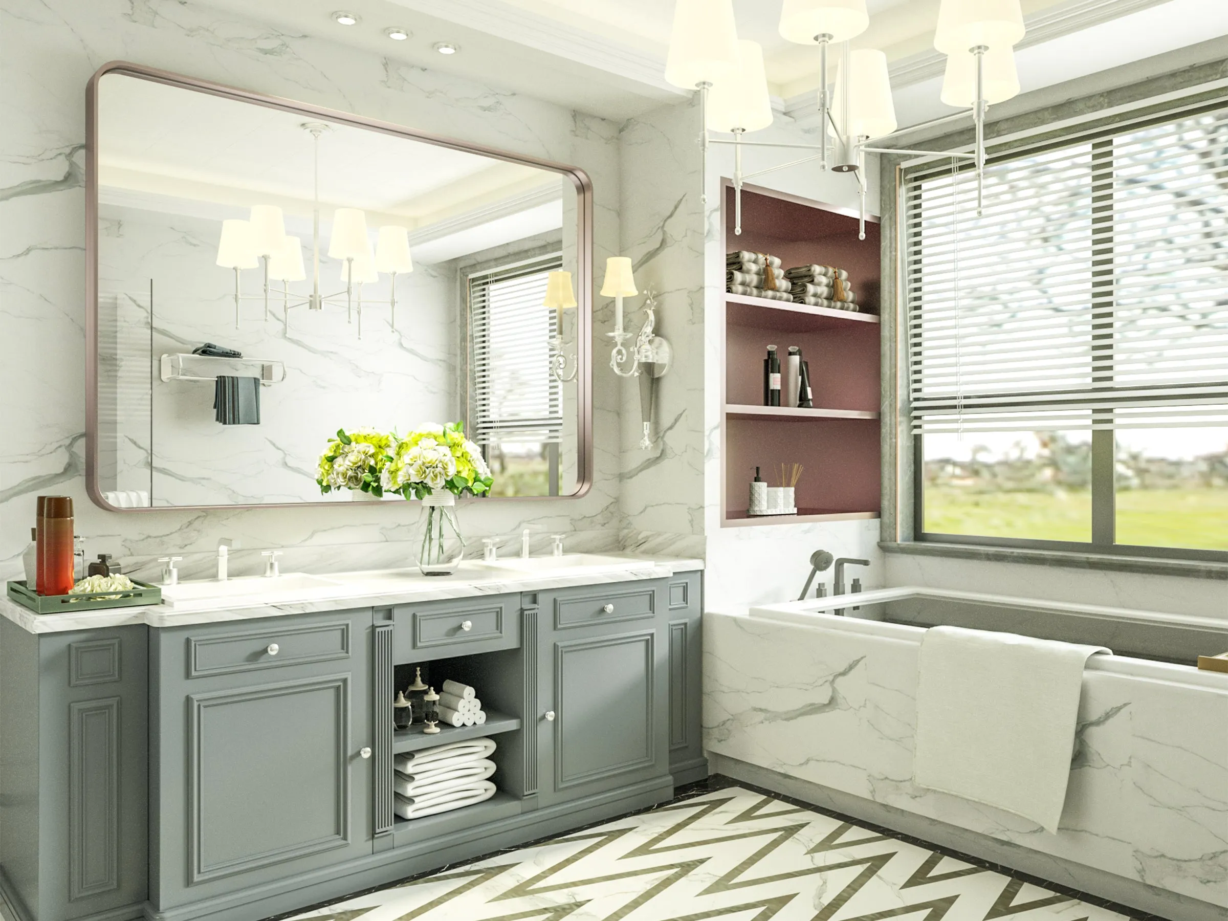 48" x 36" PILOCOS Classy Modern Rectangular Bathroom Vanity Mirror with Aluminum  Ribbed Texture Frame