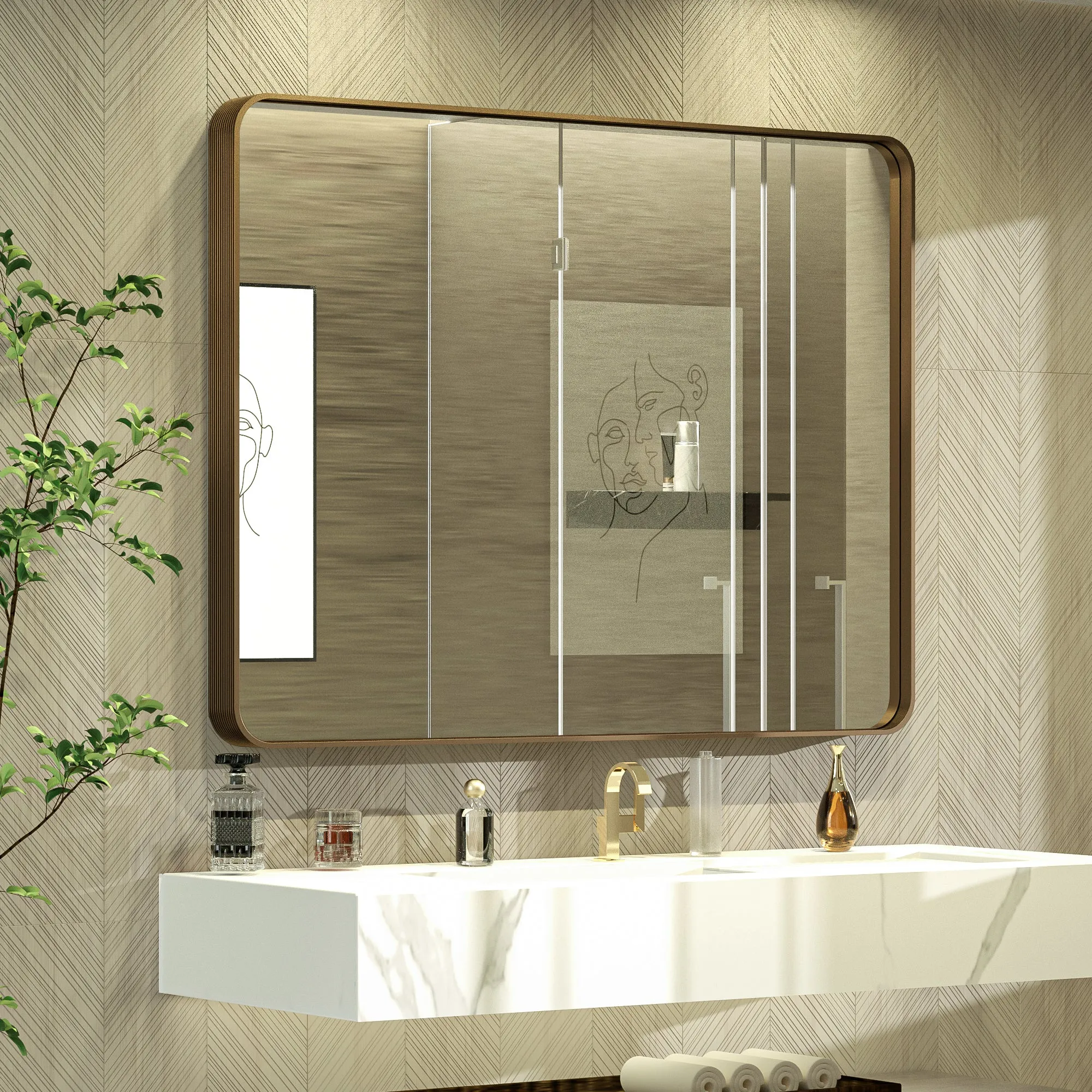 48" x 36" PILOCOS Classy Modern Rectangular Bathroom Vanity Mirror with Aluminum  Ribbed Texture Frame