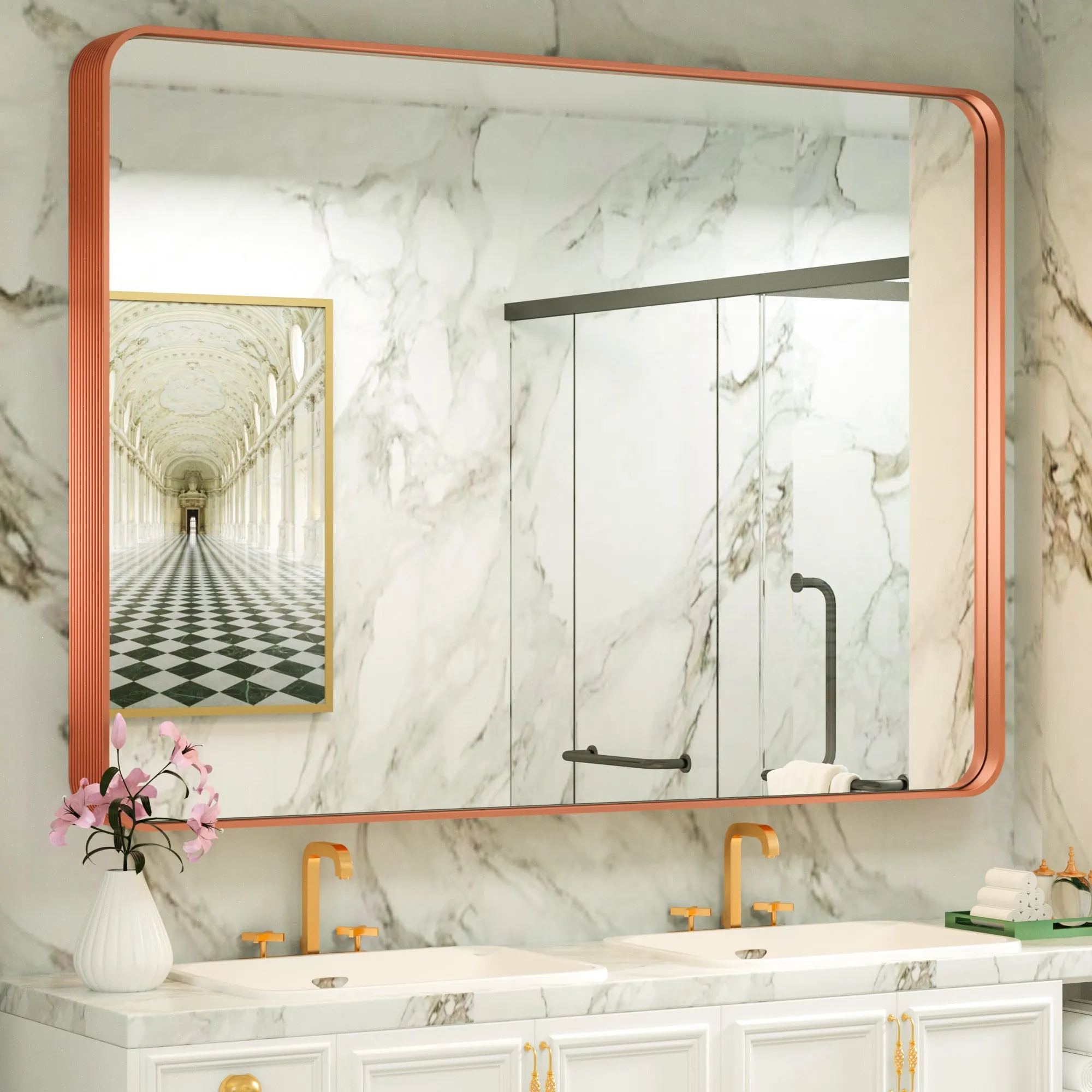 48" x 36" PILOCOS Classy Modern Rectangular Bathroom Vanity Mirror with Aluminum  Ribbed Texture Frame
