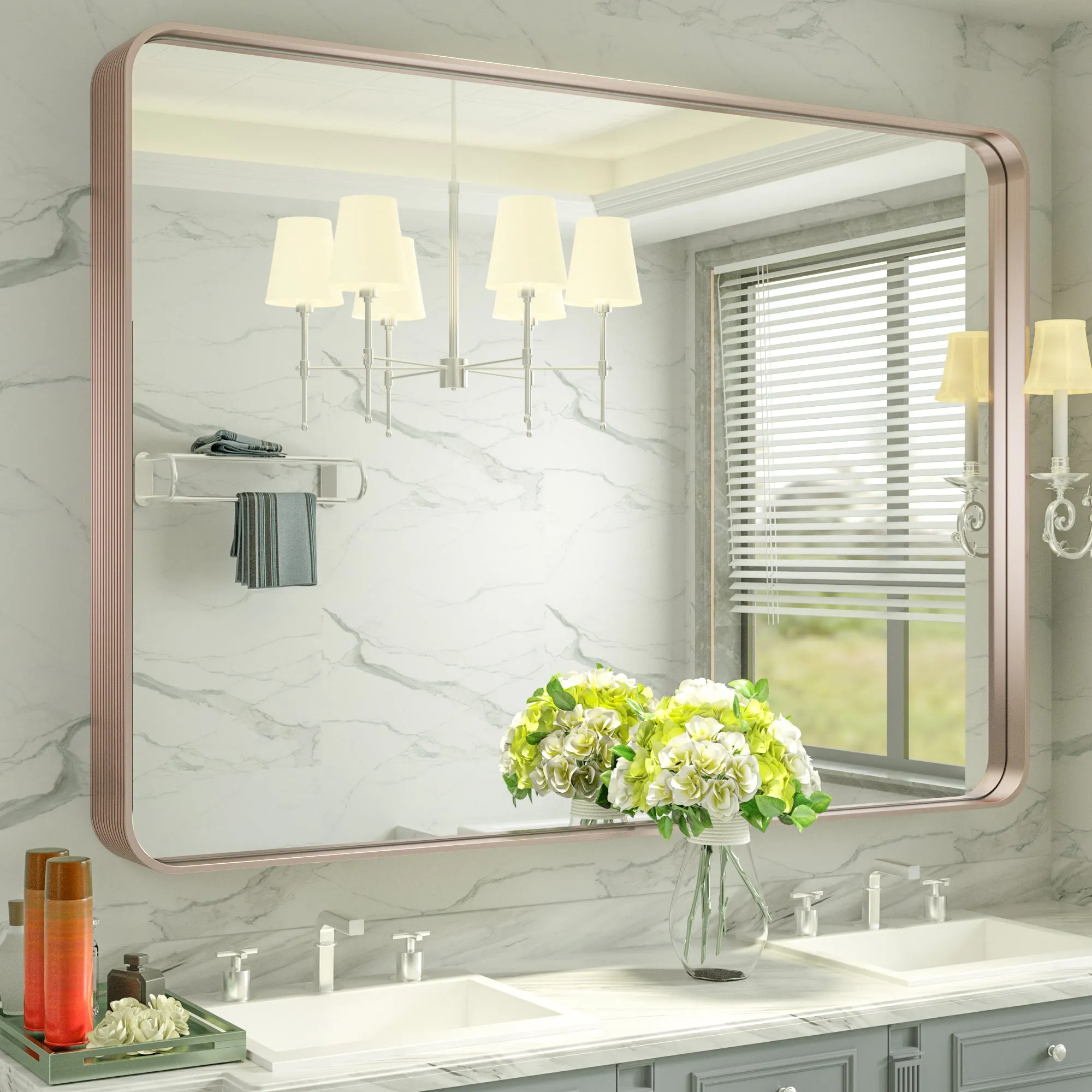 48" x 36" PILOCOS Classy Modern Rectangular Bathroom Vanity Mirror with Aluminum  Ribbed Texture Frame