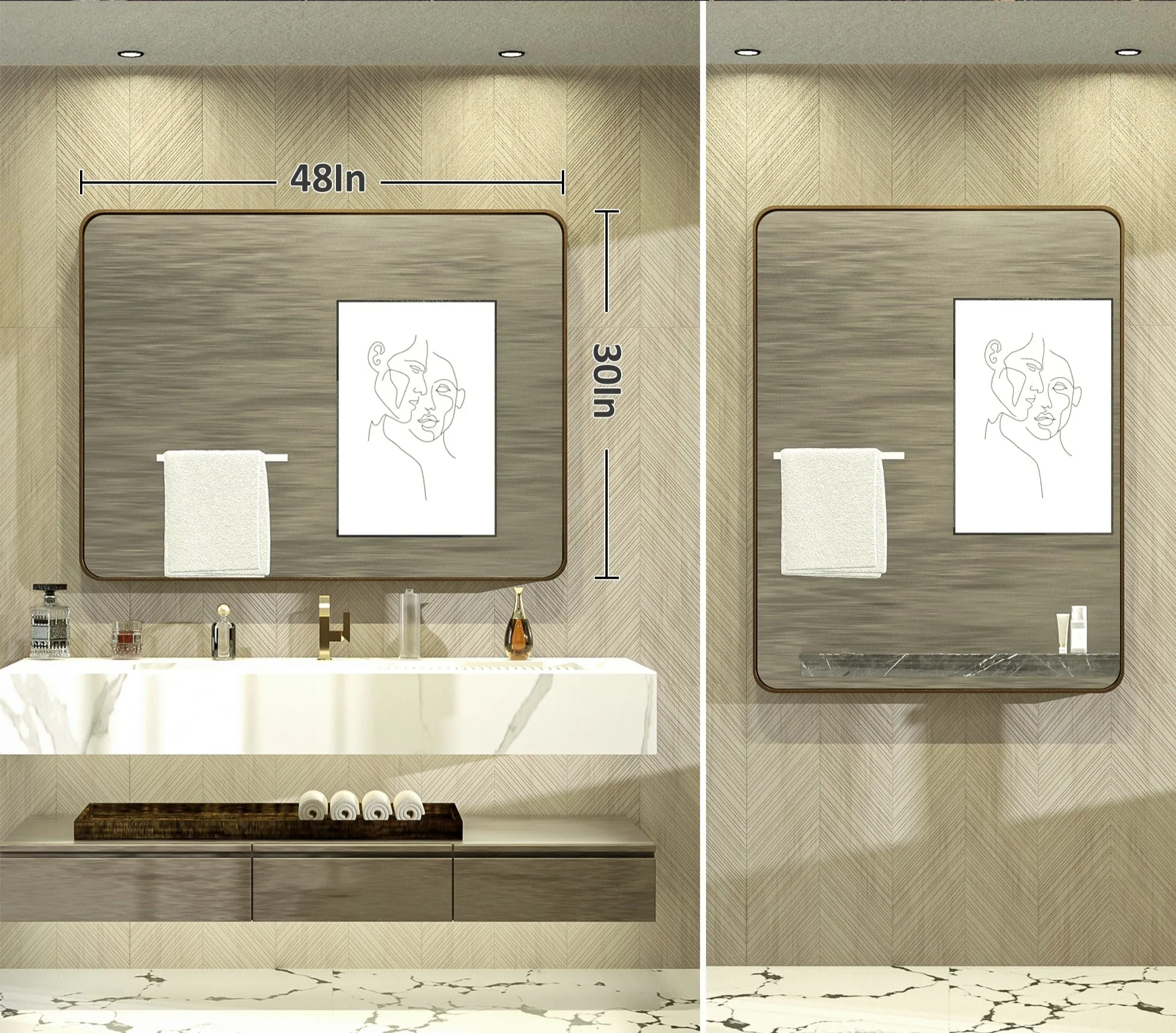 48" x 36" PILOCOS Classy Modern Rectangular Bathroom Vanity Mirror with Aluminum  Ribbed Texture Frame