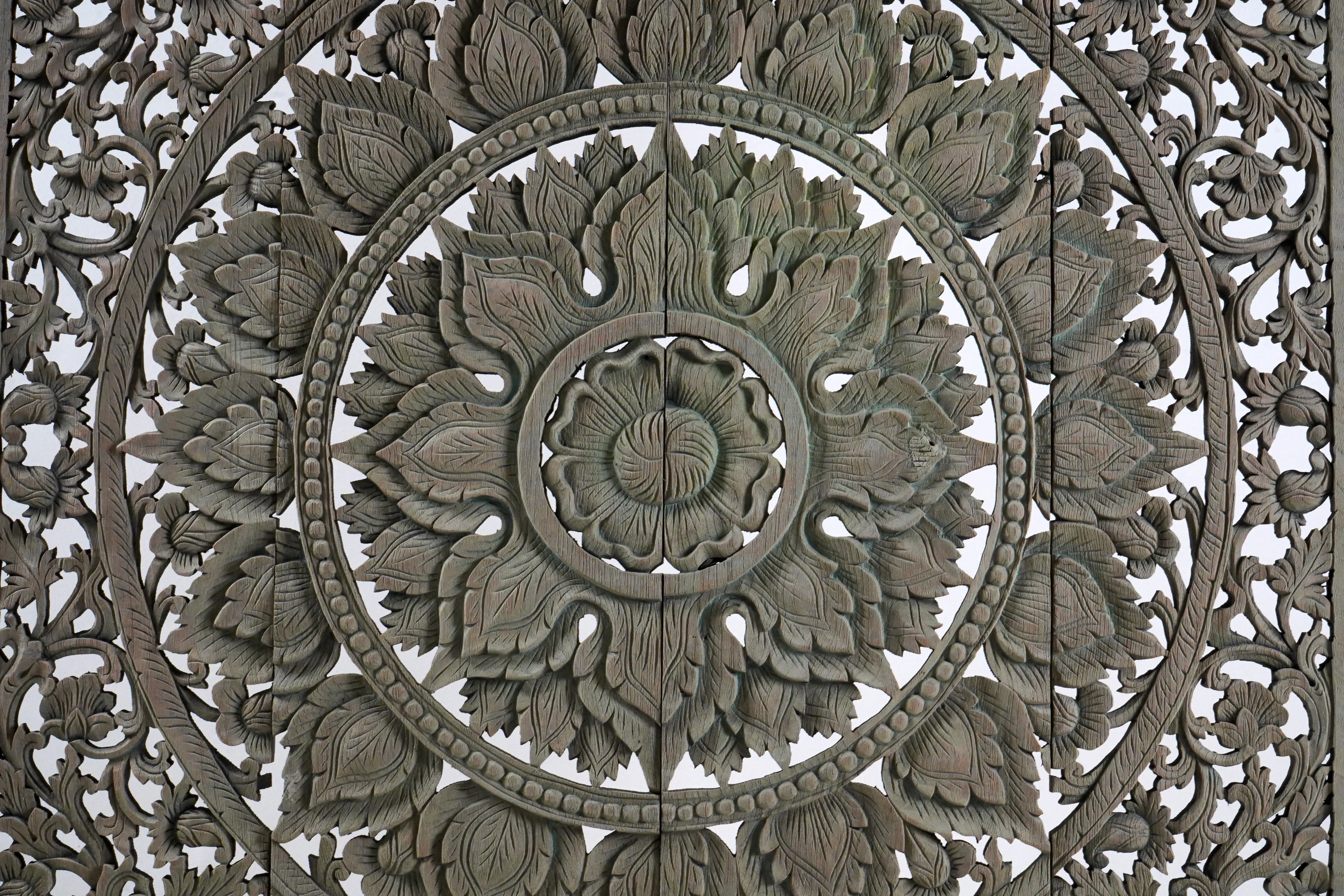 A Carved Teakwood Lotus Flower Panel 4' x 4'