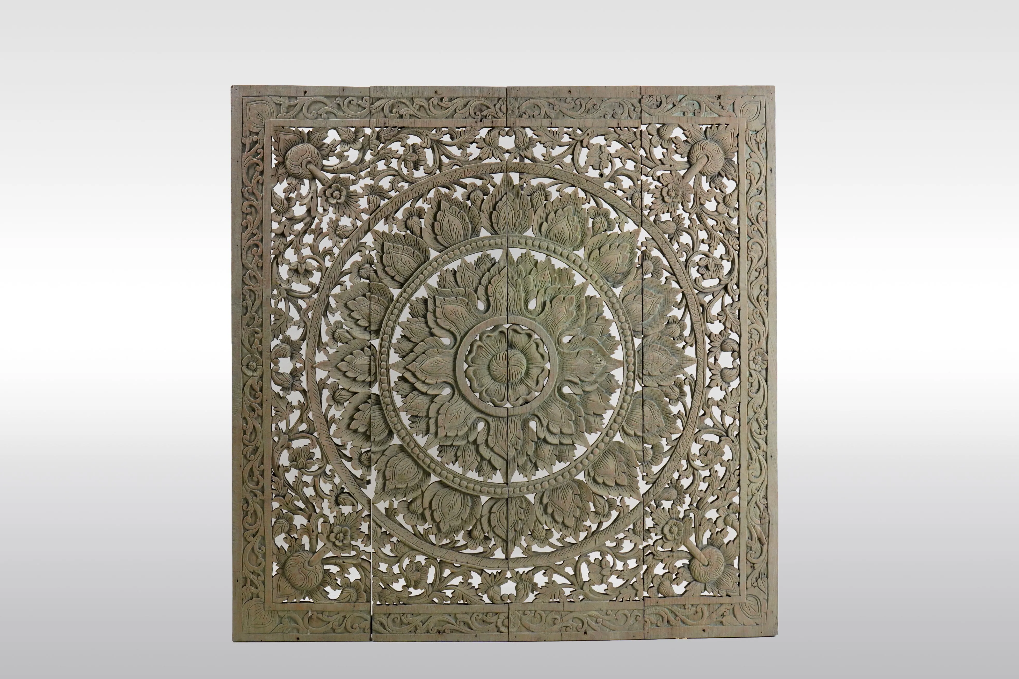 A Carved Teakwood Lotus Flower Panel 4' x 4'