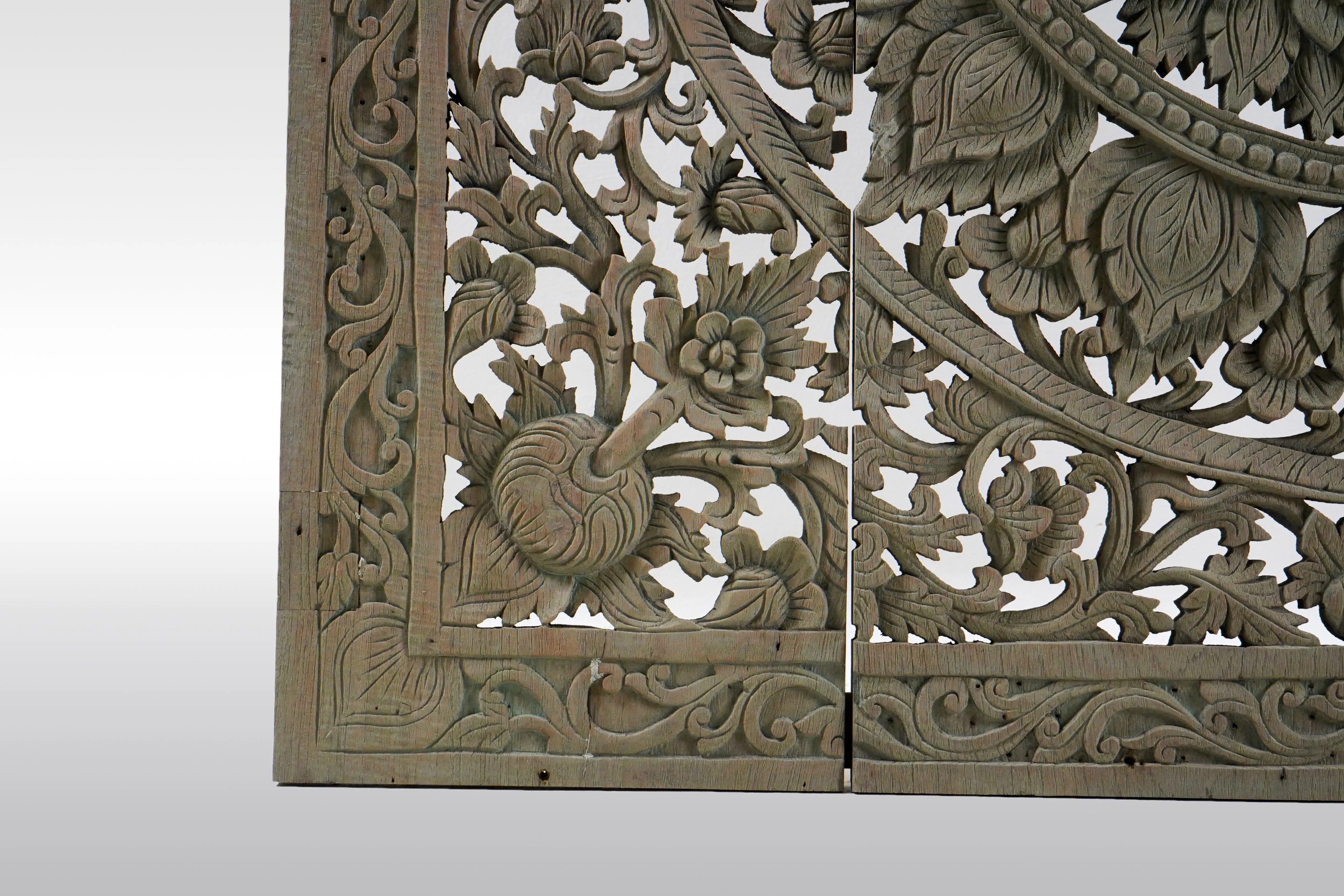 A Carved Teakwood Lotus Flower Panel 4' x 4'