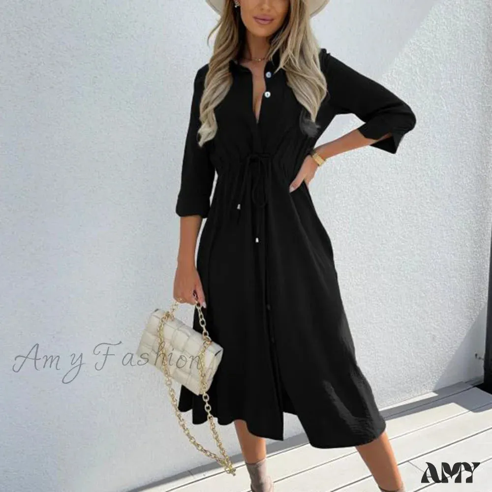 Amy Fashion - Fashion Pure Color Elegant Button Lace Up Midi Dress
