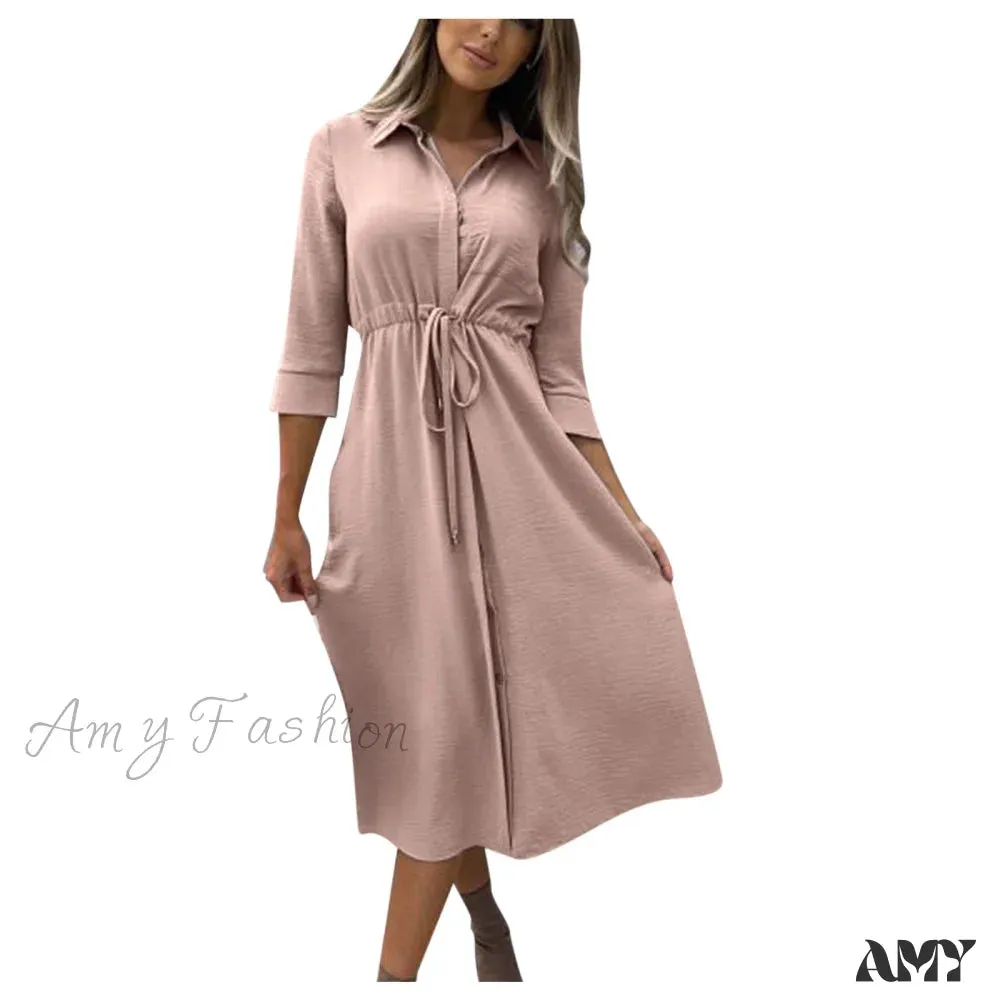 Amy Fashion - Fashion Pure Color Elegant Button Lace Up Midi Dress