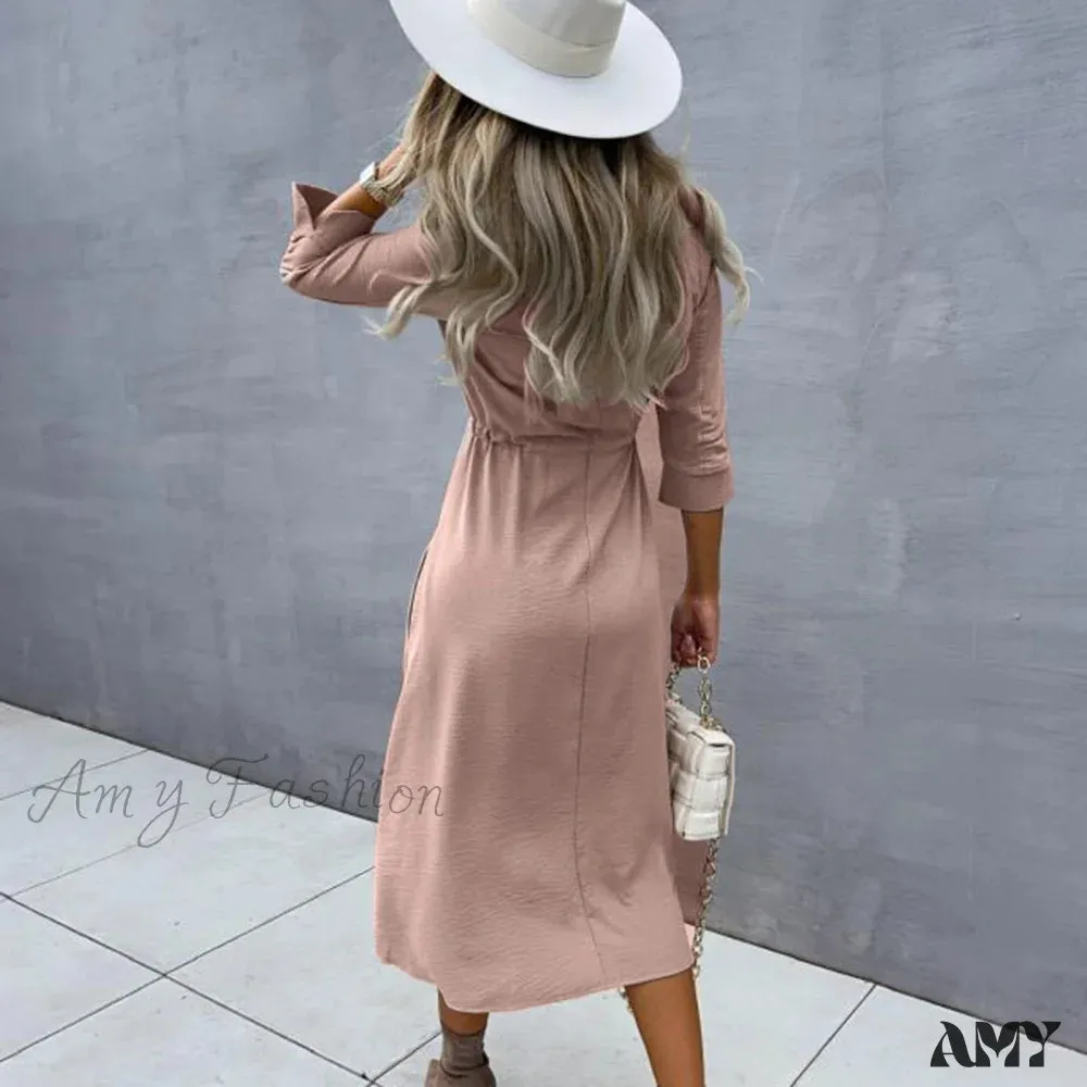 Amy Fashion - Fashion Pure Color Elegant Button Lace Up Midi Dress