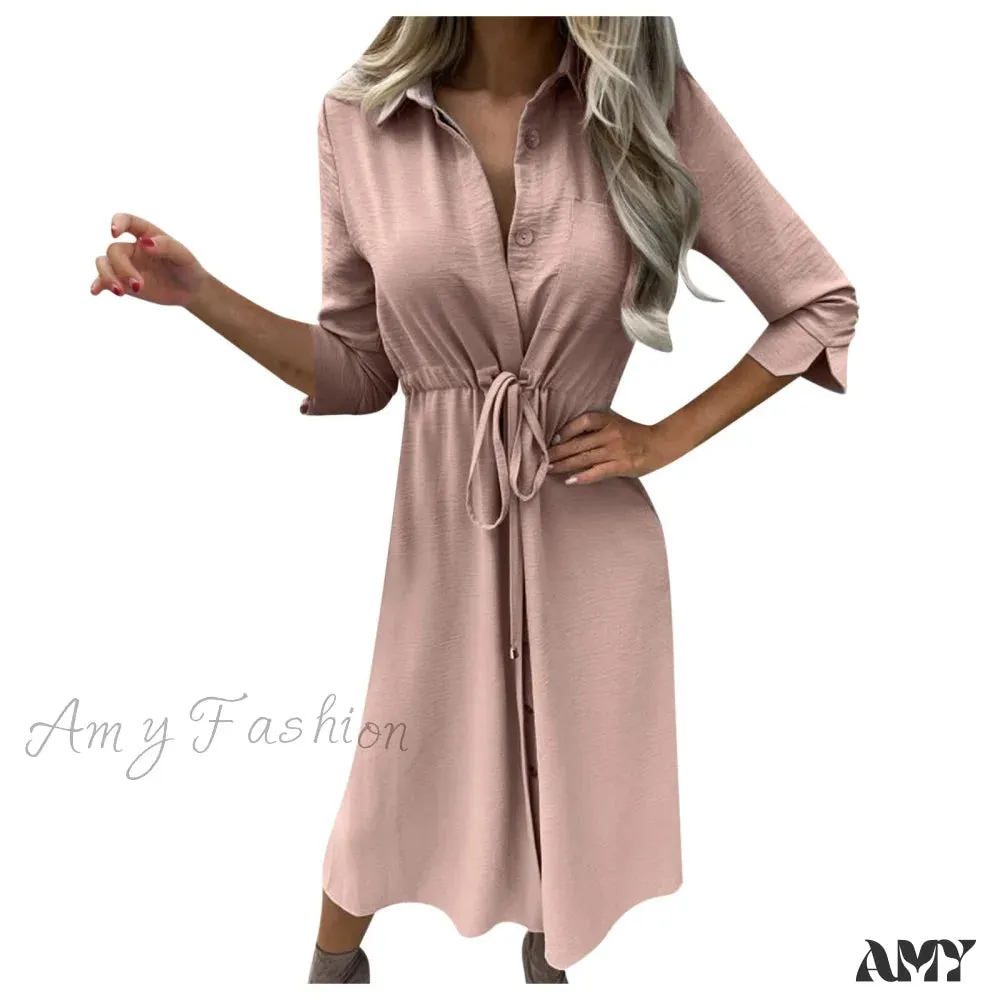 Amy Fashion - Fashion Pure Color Elegant Button Lace Up Midi Dress