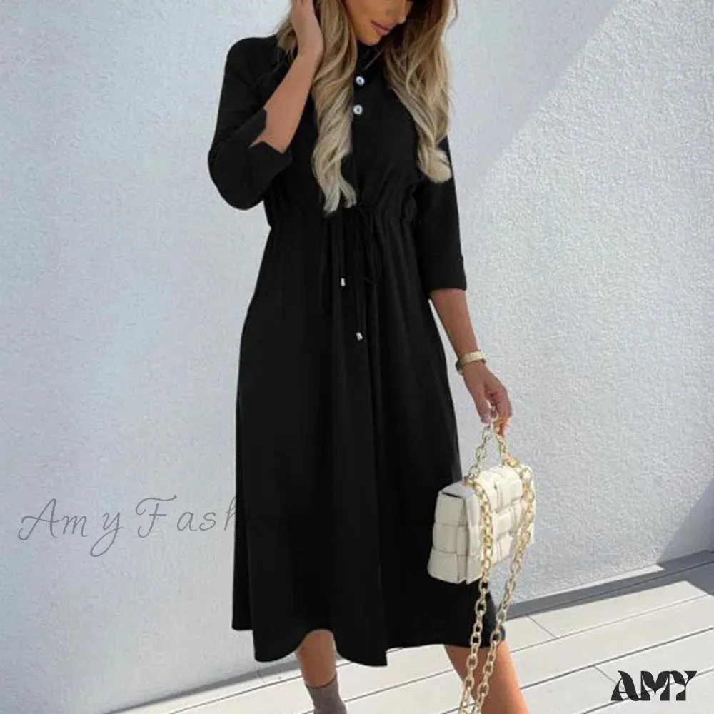 Amy Fashion - Fashion Pure Color Elegant Button Lace Up Midi Dress