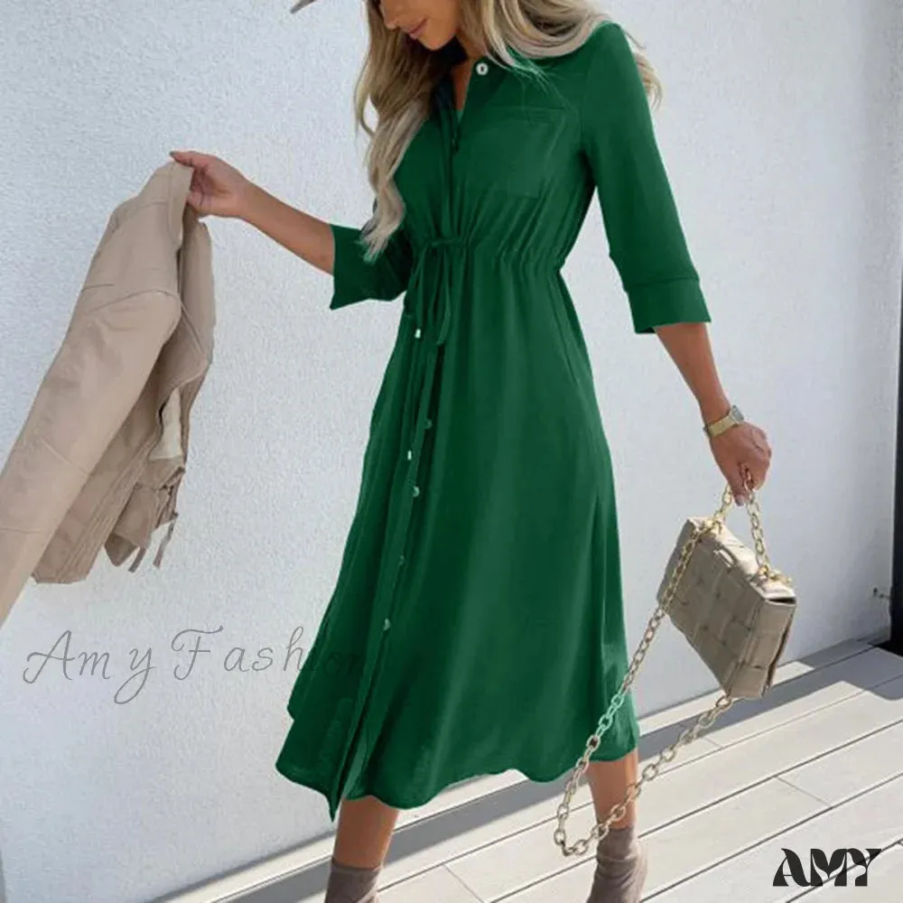 Amy Fashion - Fashion Pure Color Elegant Button Lace Up Midi Dress