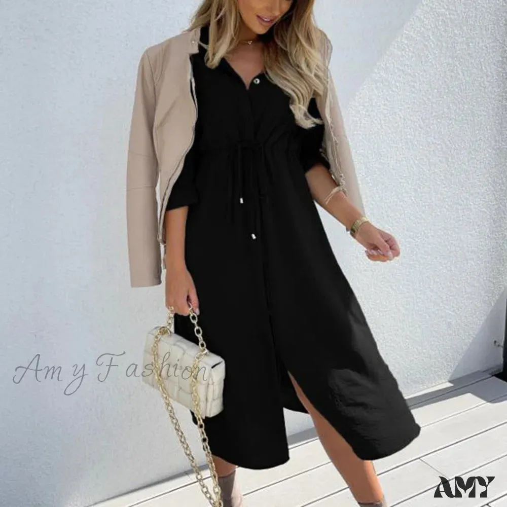 Amy Fashion - Fashion Pure Color Elegant Button Lace Up Midi Dress
