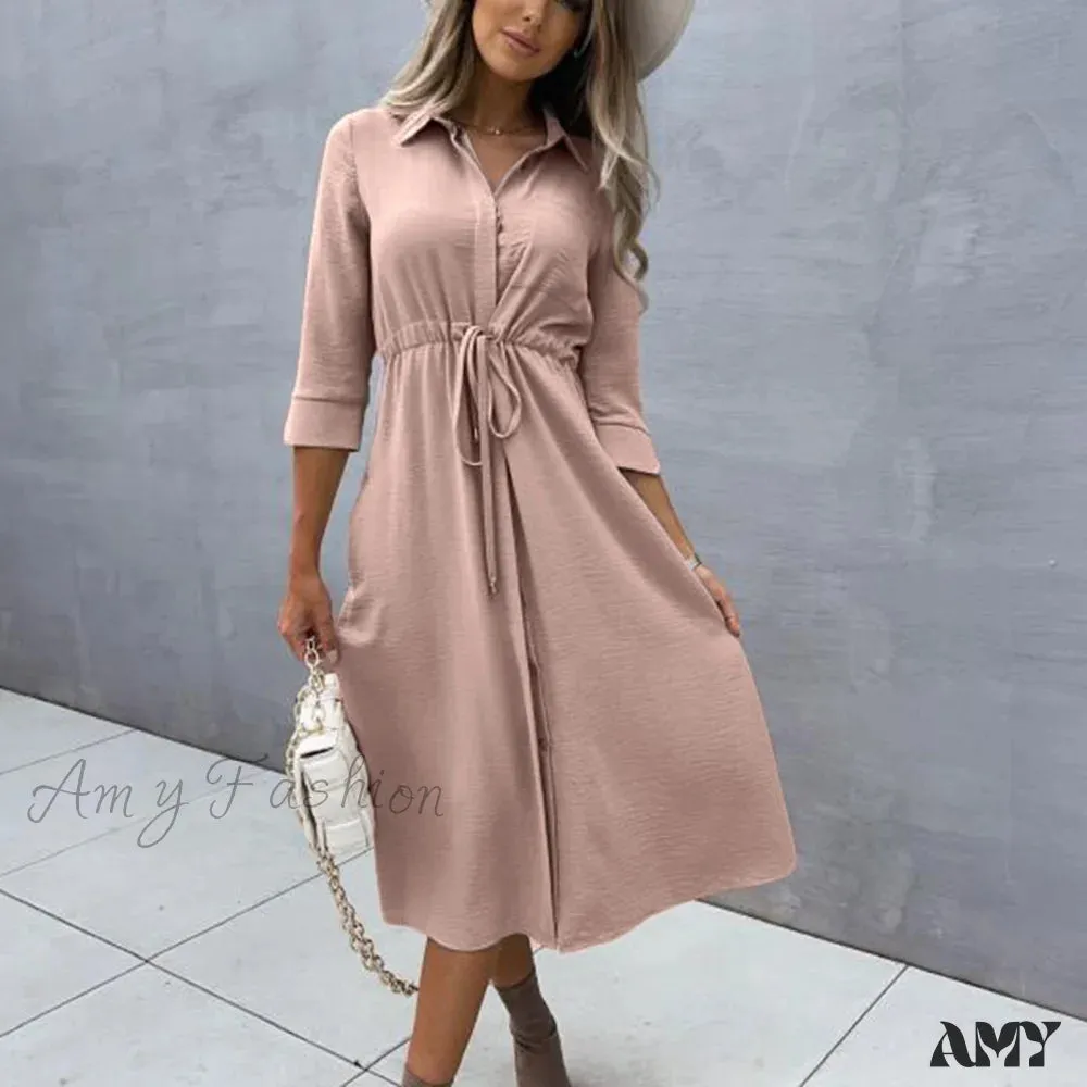 Amy Fashion - Fashion Pure Color Elegant Button Lace Up Midi Dress