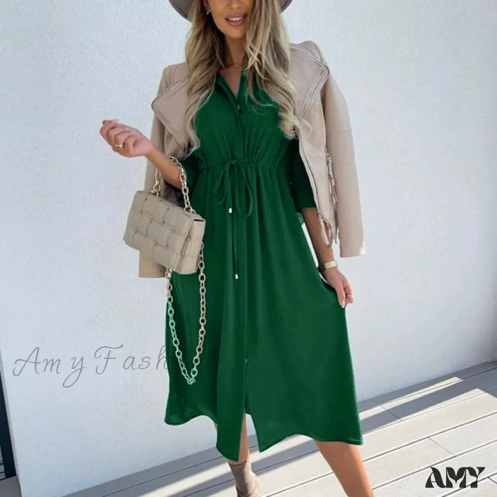 Amy Fashion - Fashion Pure Color Elegant Button Lace Up Midi Dress