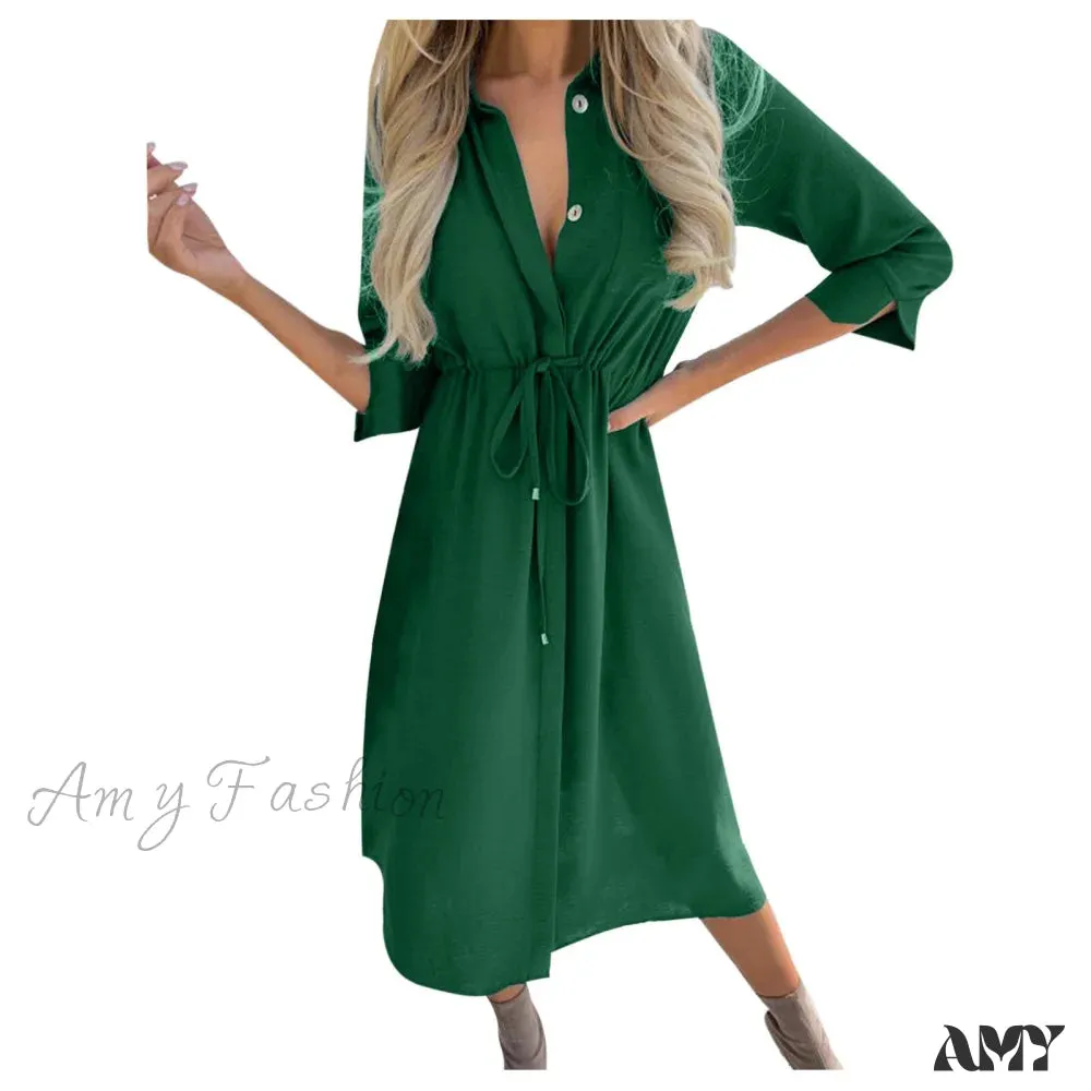 Amy Fashion - Fashion Pure Color Elegant Button Lace Up Midi Dress