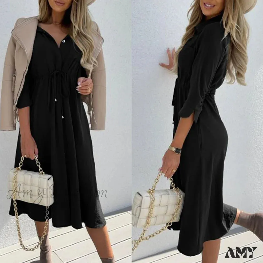Amy Fashion - Fashion Pure Color Elegant Button Lace Up Midi Dress