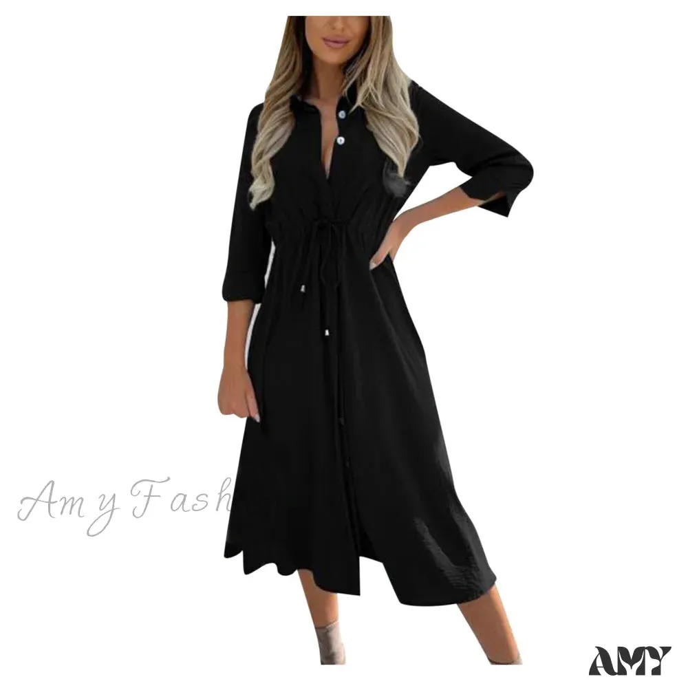 Amy Fashion - Fashion Pure Color Elegant Button Lace Up Midi Dress