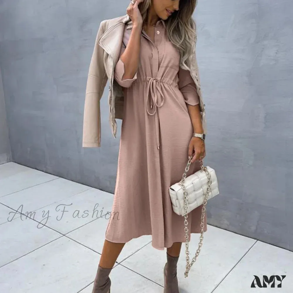 Amy Fashion - Fashion Pure Color Elegant Button Lace Up Midi Dress