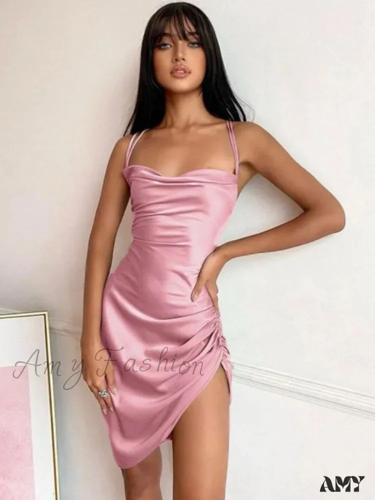 Amy Fashion - Satin Women Strap Mini Dress