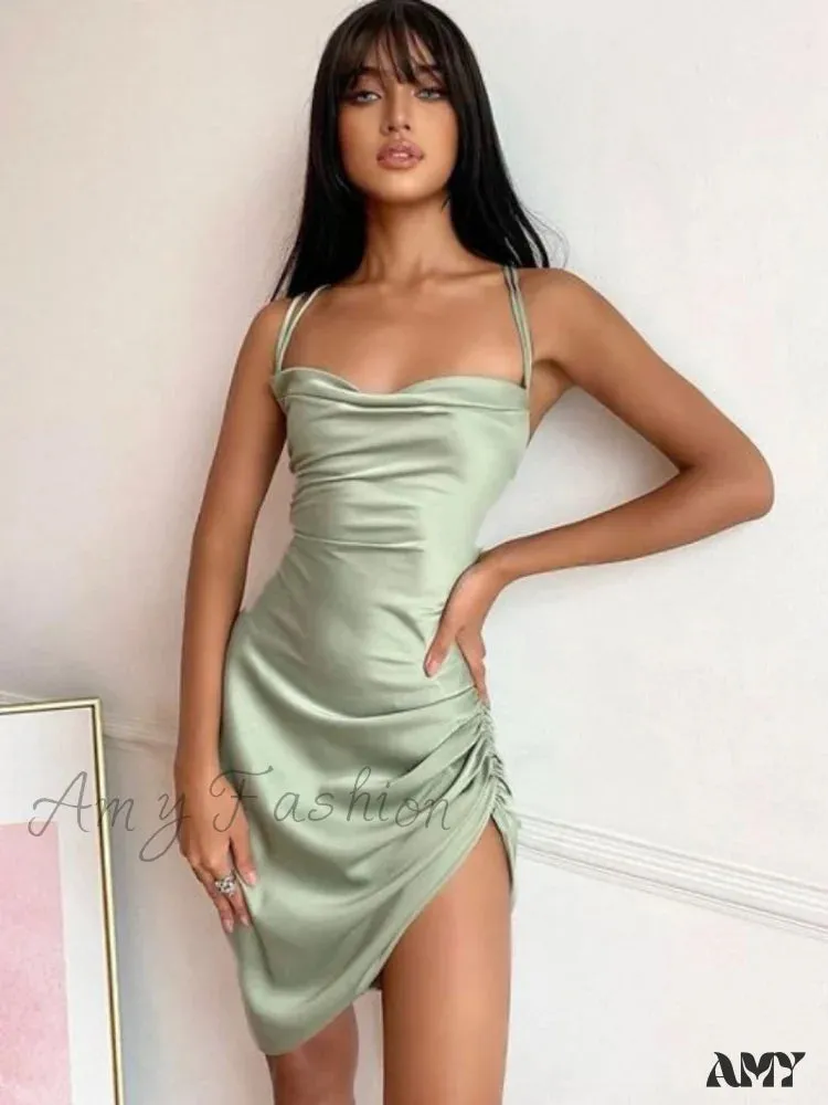 Amy Fashion - Satin Women Strap Mini Dress