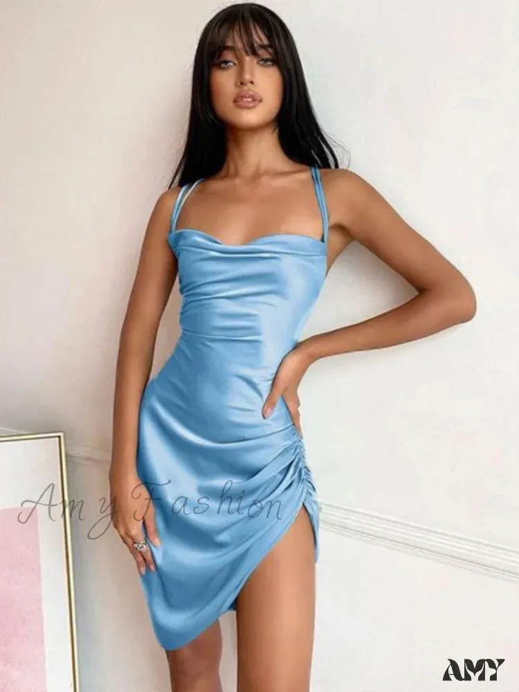 Amy Fashion - Satin Women Strap Mini Dress