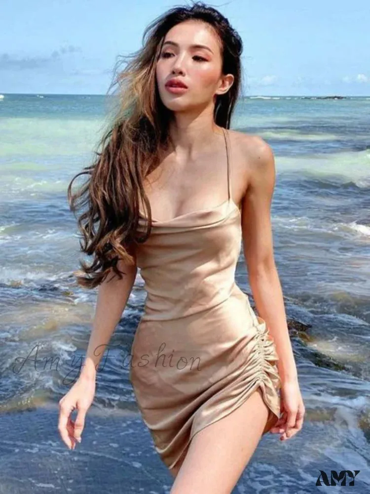 Amy Fashion - Satin Women Strap Mini Dress