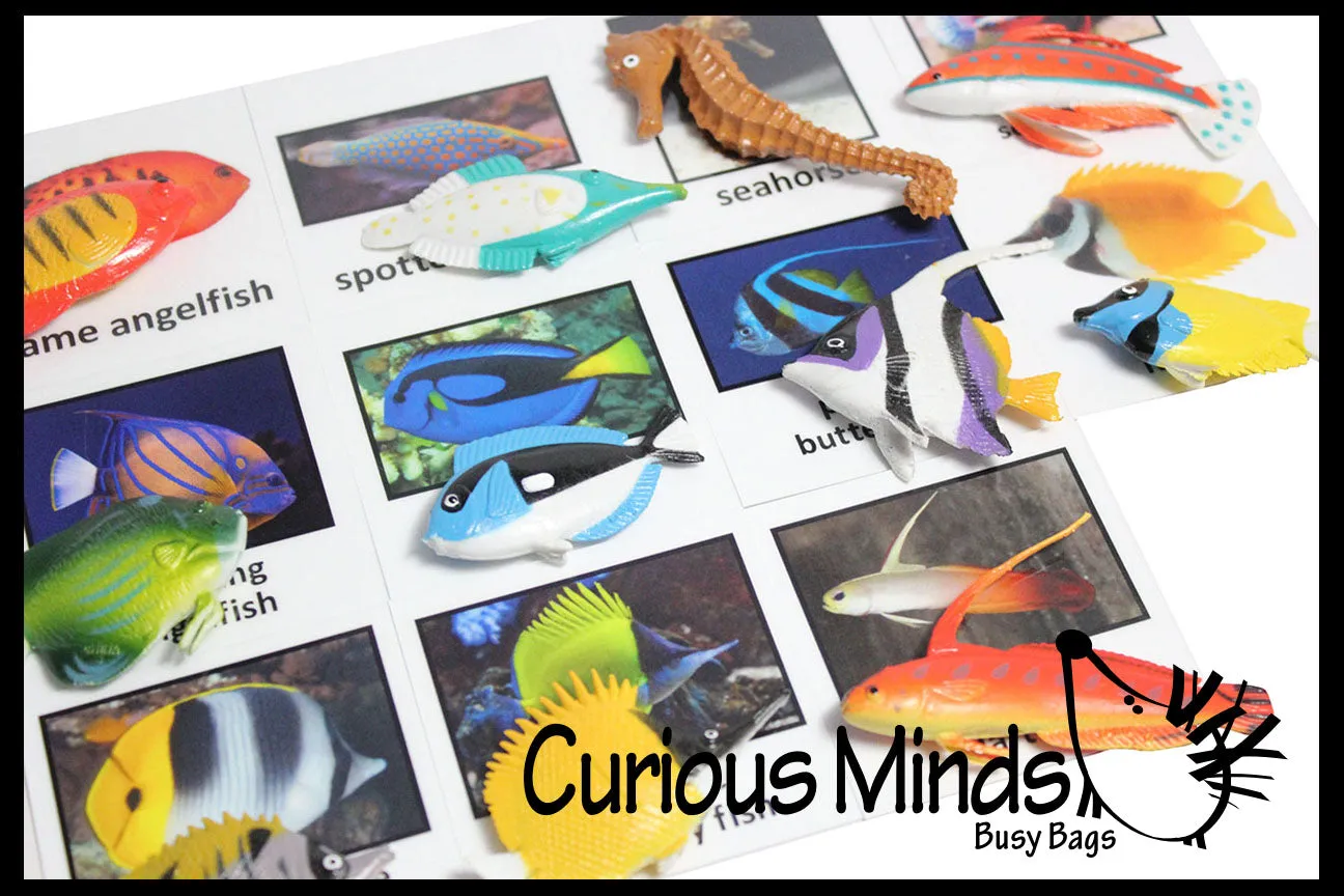 Animal Match - TROPICAL FISH - Miniature Animals with Matching Cards - 2 Part Cards.  Montessori learning toy, language materials - Tropical Fish