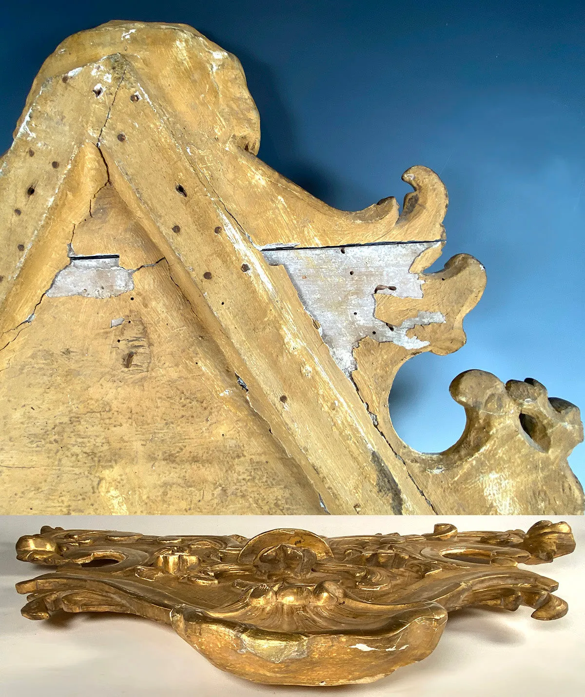 Antique French Hand Carved Gilded 24.5" Wood Pediment, Top for a Mirror or Frame or Doorway