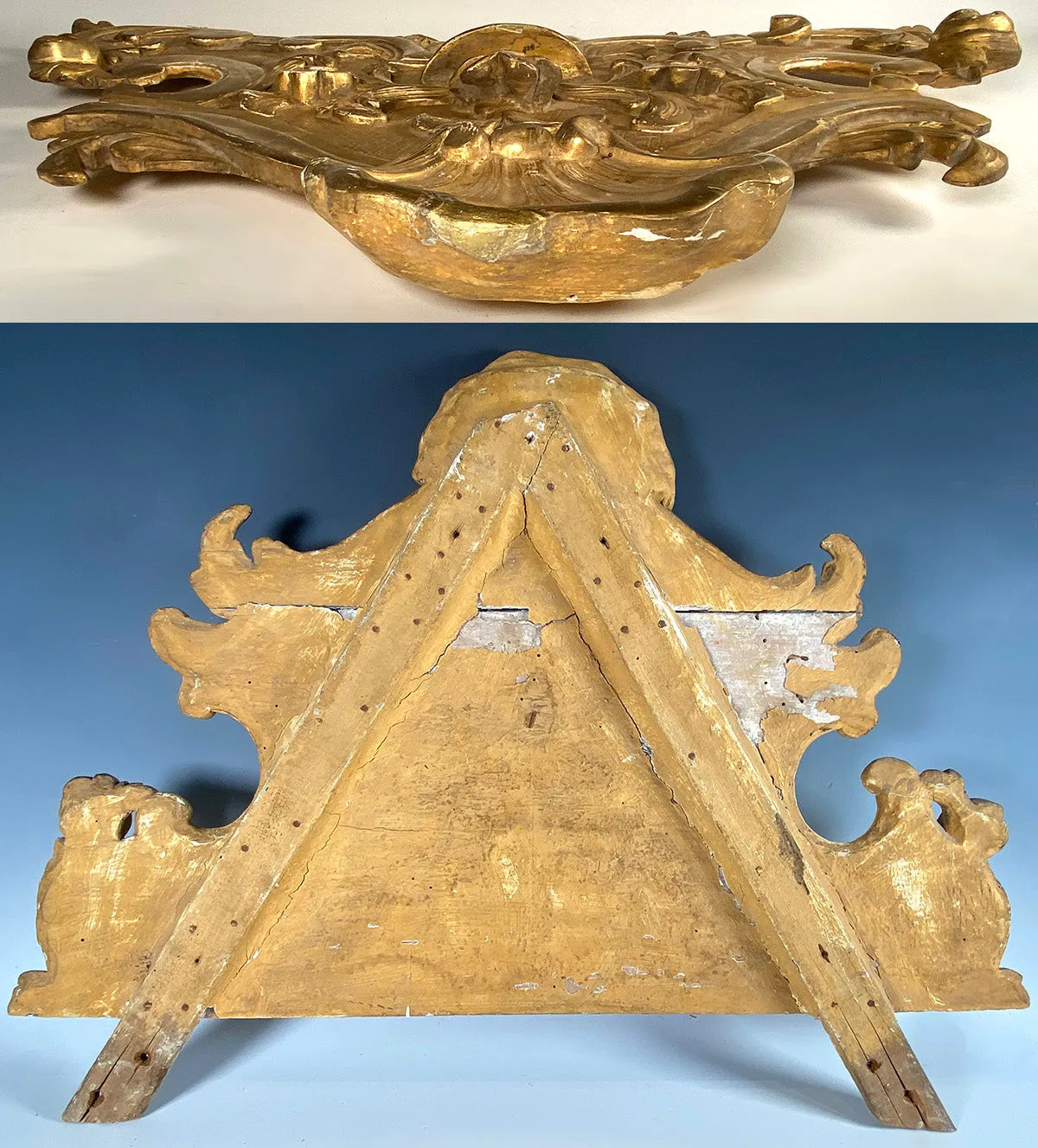 Antique French Hand Carved Gilded 24.5" Wood Pediment, Top for a Mirror or Frame or Doorway