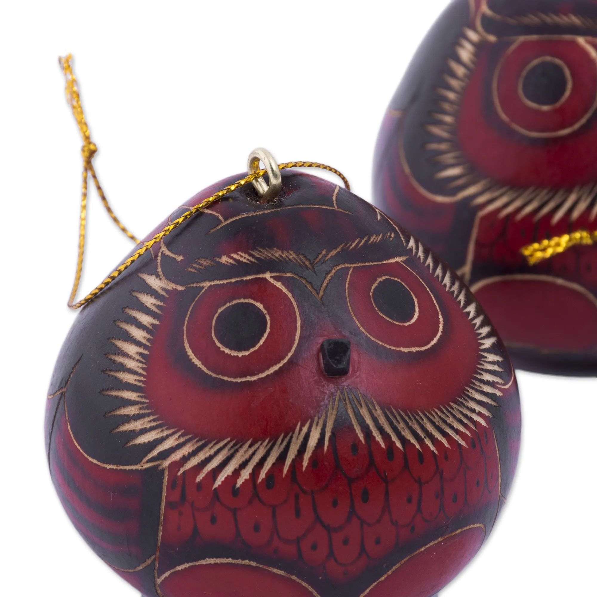 Artisan Crafted Dried Gourd Red Owl Ornaments (set of 3) - Night Watchmen | NOVICA