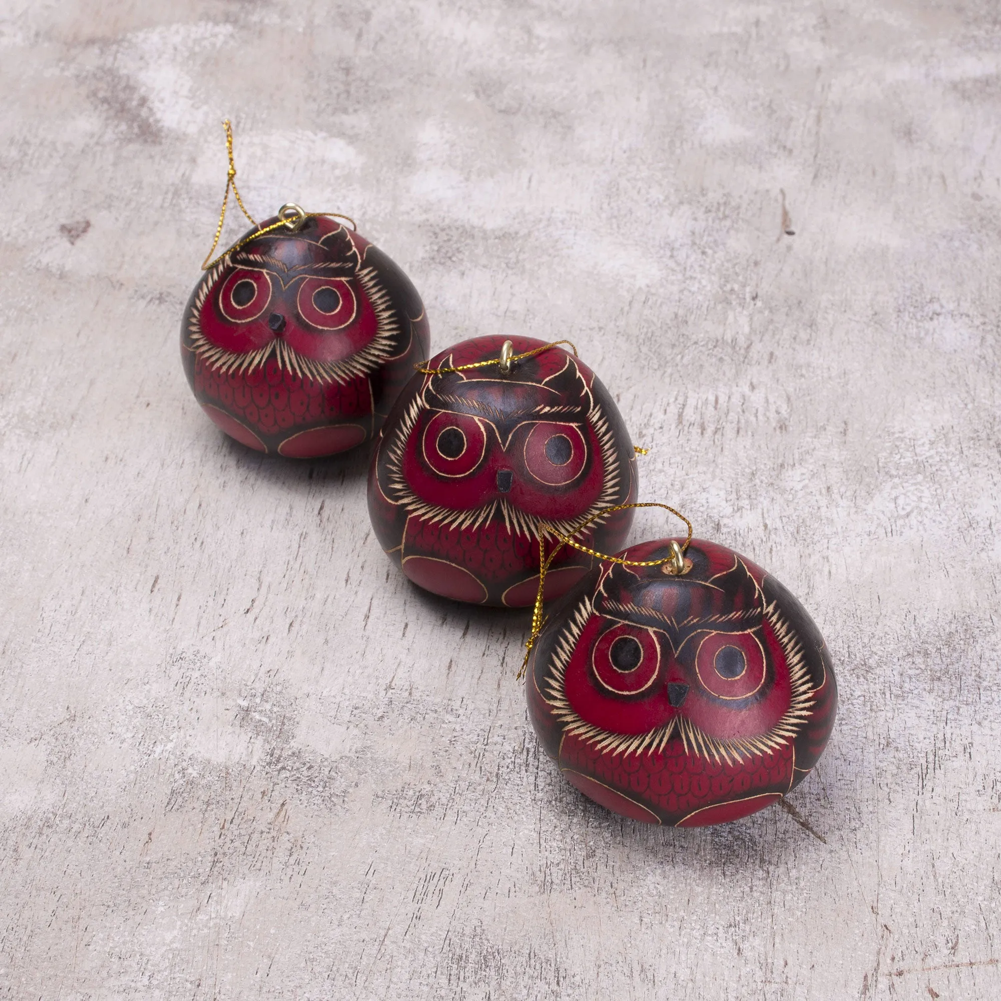 Artisan Crafted Dried Gourd Red Owl Ornaments (set of 3) - Night Watchmen | NOVICA