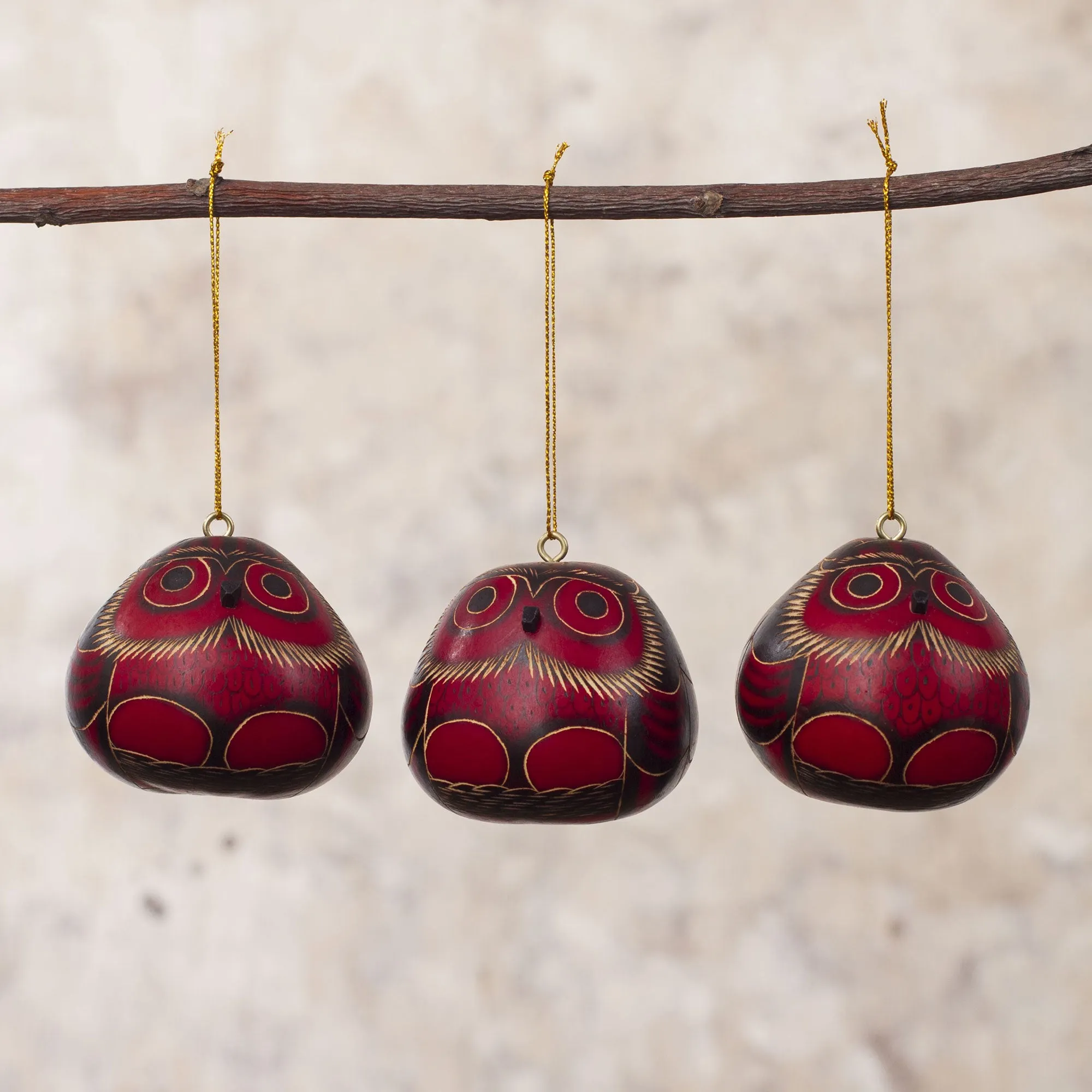 Artisan Crafted Dried Gourd Red Owl Ornaments (set of 3) - Night Watchmen | NOVICA