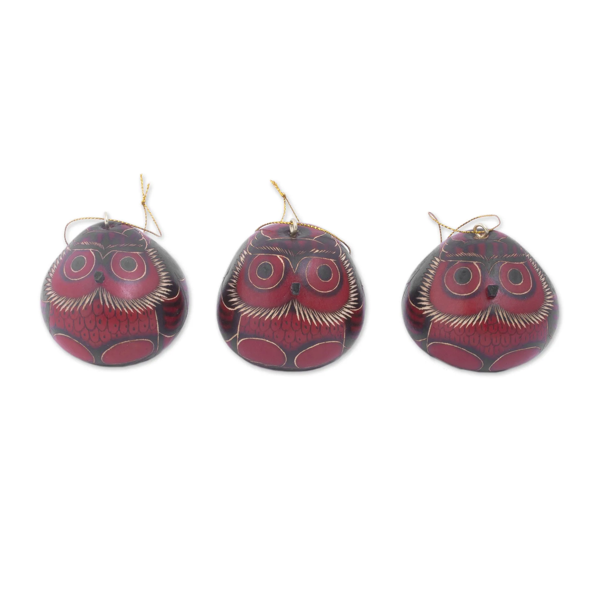 Artisan Crafted Dried Gourd Red Owl Ornaments (set of 3) - Night Watchmen | NOVICA