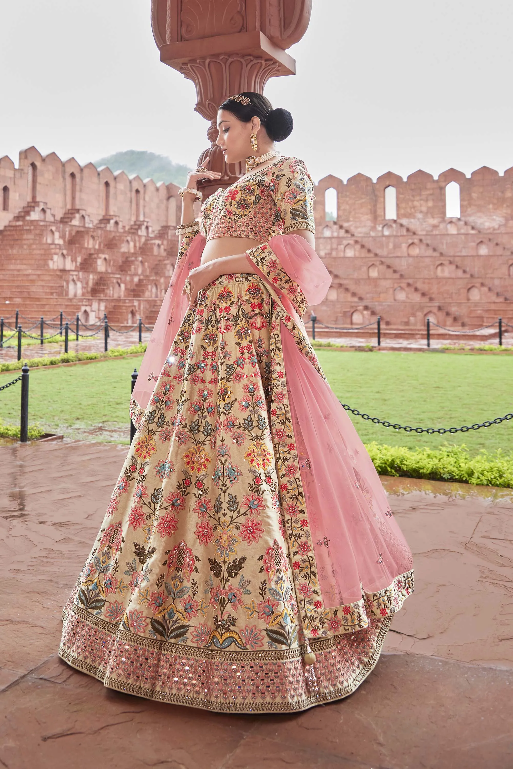 Beige Intricately Silk Embroidered Lehenga