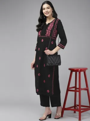 Black Cotton Pink Thread Chikankari Kurta