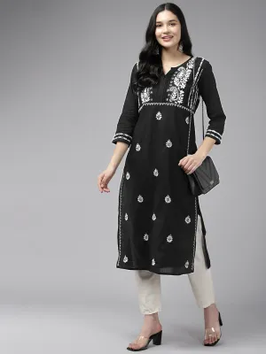 Black Cotton White Thread Chikankari Kurta