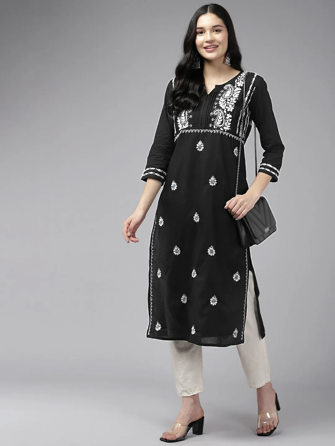 Black Cotton White Thread Chikankari Kurta
