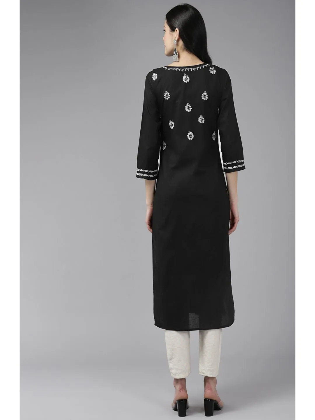 Black Cotton White Thread Chikankari Kurta