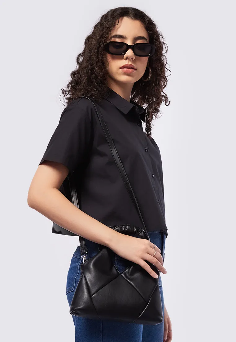 Black Faux Leather Quilted Bag