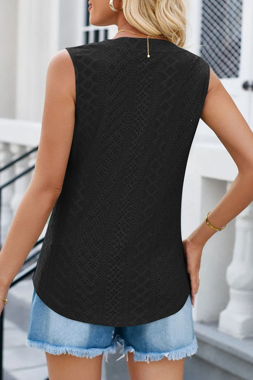 Black Guipure Lace Buttoned Split Neck Tank Top