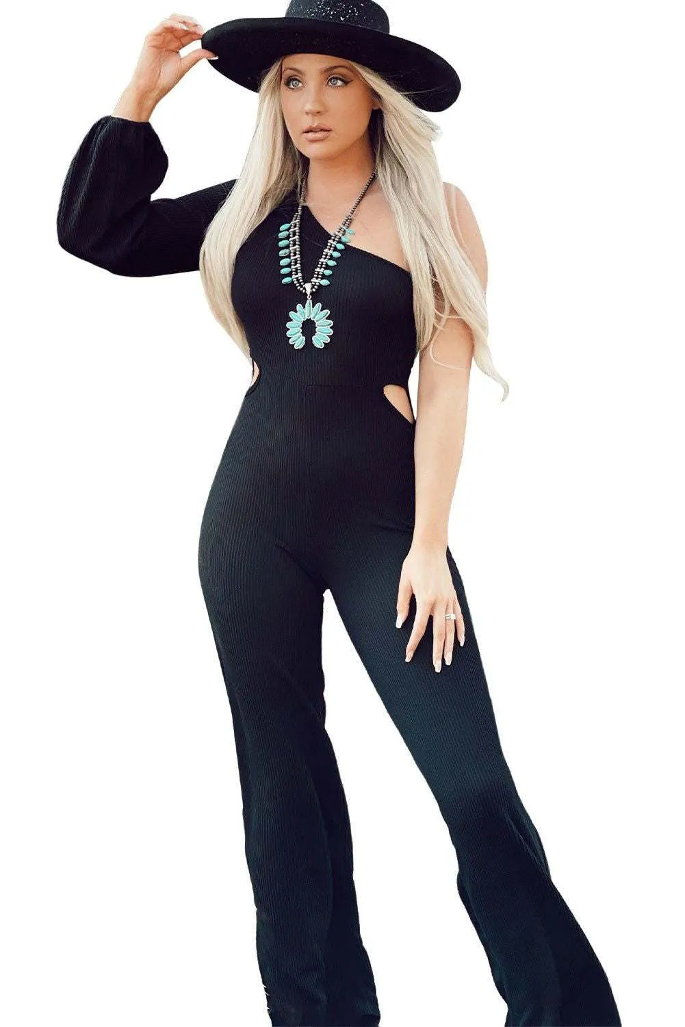 Black One-Shoulder Balloon Sleeve Cutout Jumpsuit - Chic Style