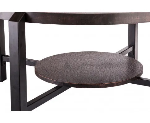 Black Round Coffee Table with Storage Shelf in Copper Finish Top