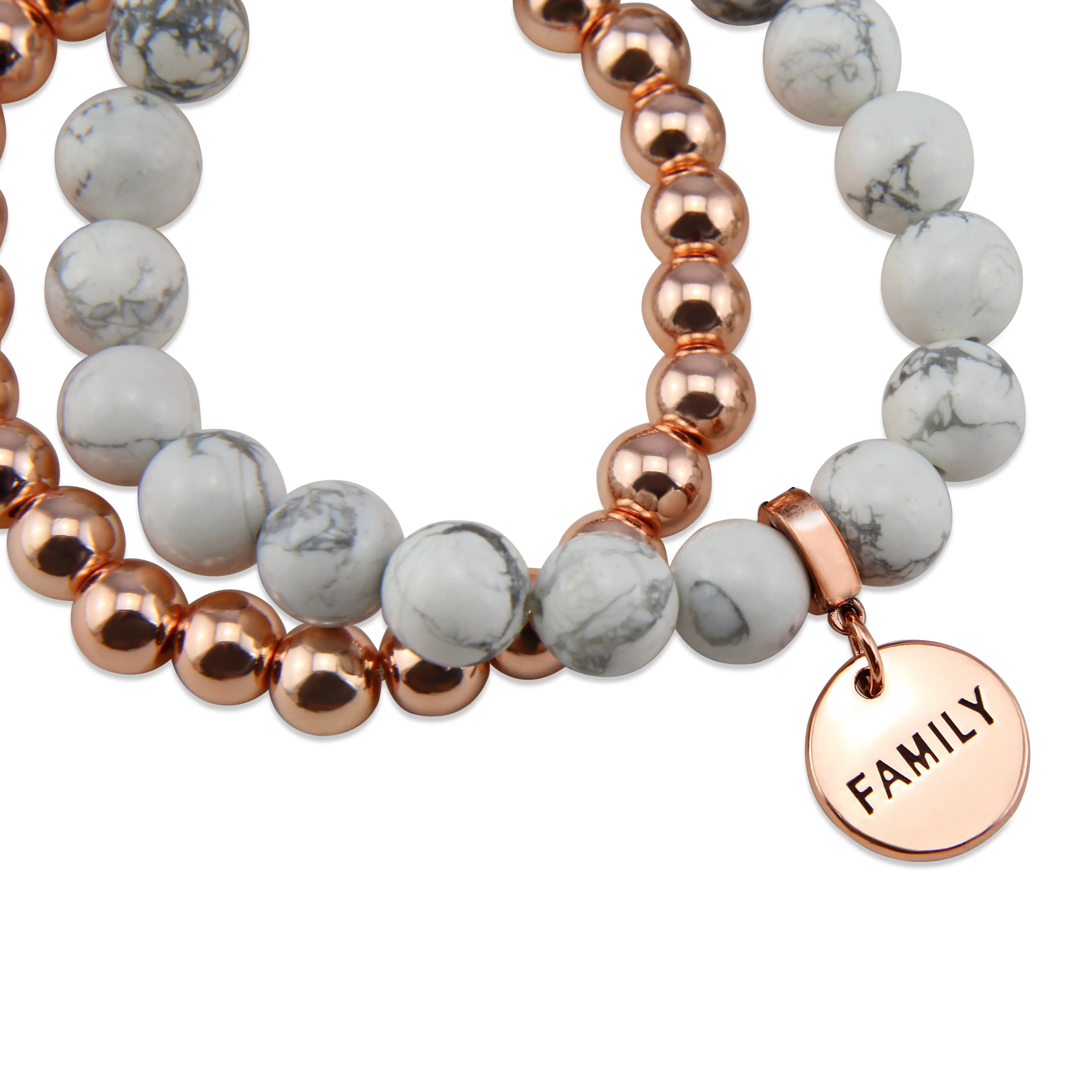 Bracelet Duo! Rose Gold & White Marble bead bracelet stacker set - FAMILY (12045)