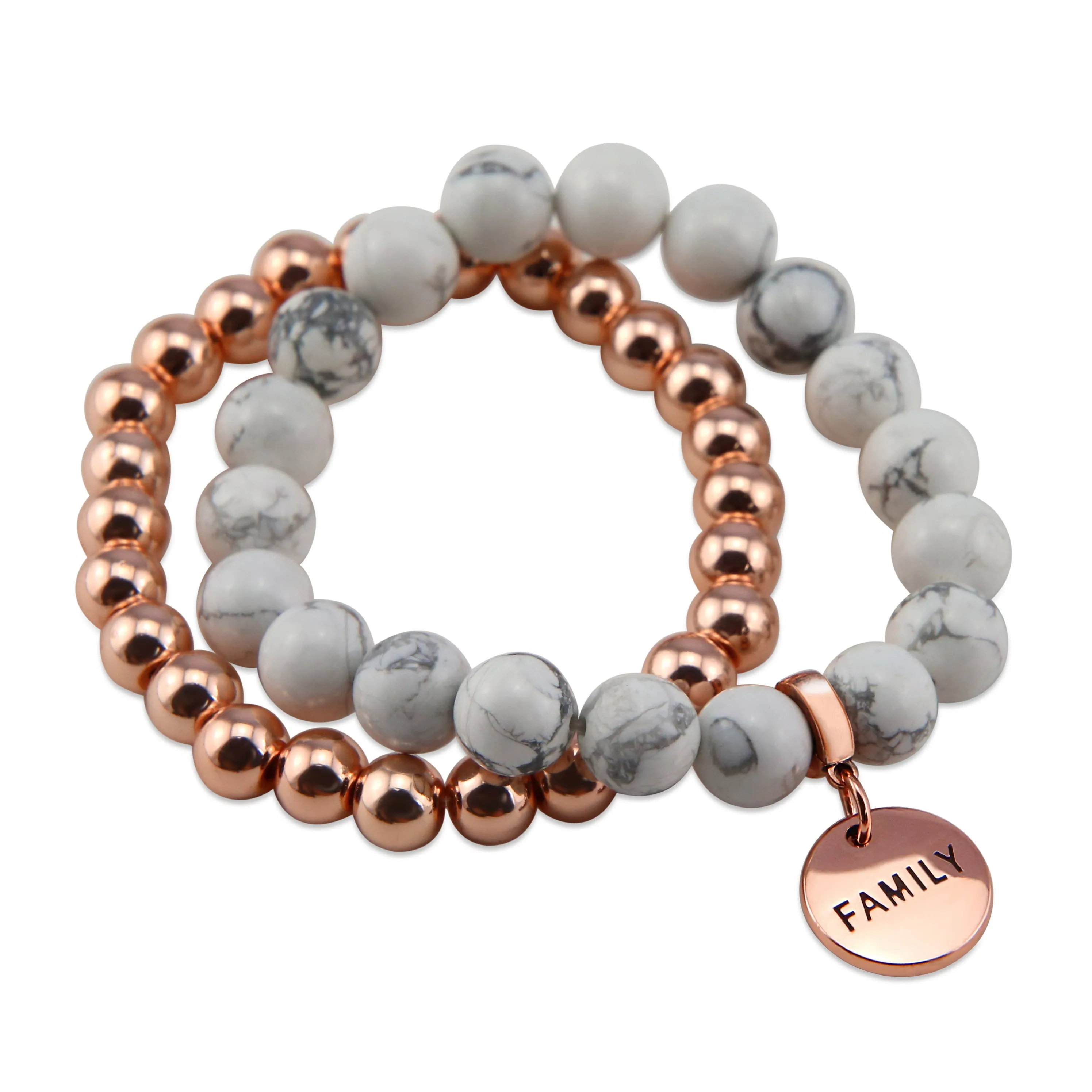 Bracelet Duo! Rose Gold & White Marble bead bracelet stacker set - FAMILY (12045)