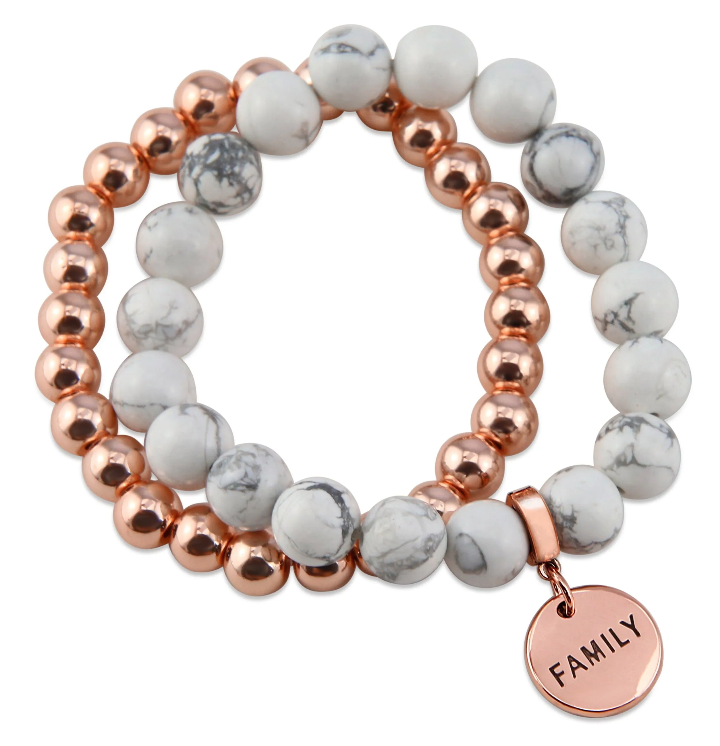 Bracelet Duo! Rose Gold & White Marble bead bracelet stacker set - FAMILY (12045)