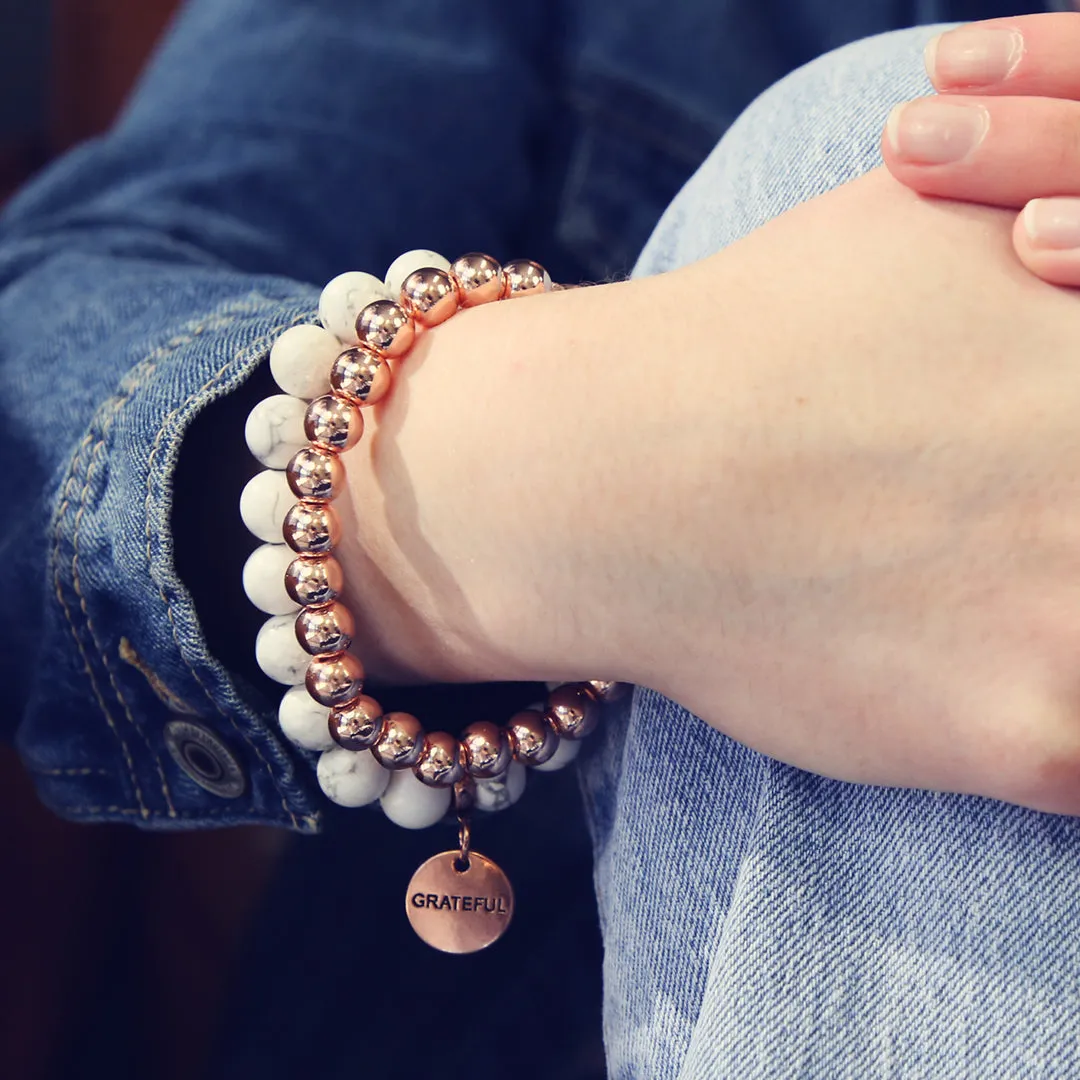 Bracelet Duo! Rose Gold & White Marble bead bracelet stacker set - GRATEFUL (12041)